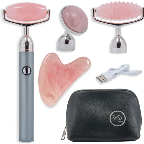Mik Beauty USB Rose Quartz Facial Roller & Gua Sha Set - Rechargeable Vibrating Face Massager for Eyes, Neck & Skin Care - Includes Travel Pouch - Perfect for Home Spa, Relaxation & Anti-Aging Routine
