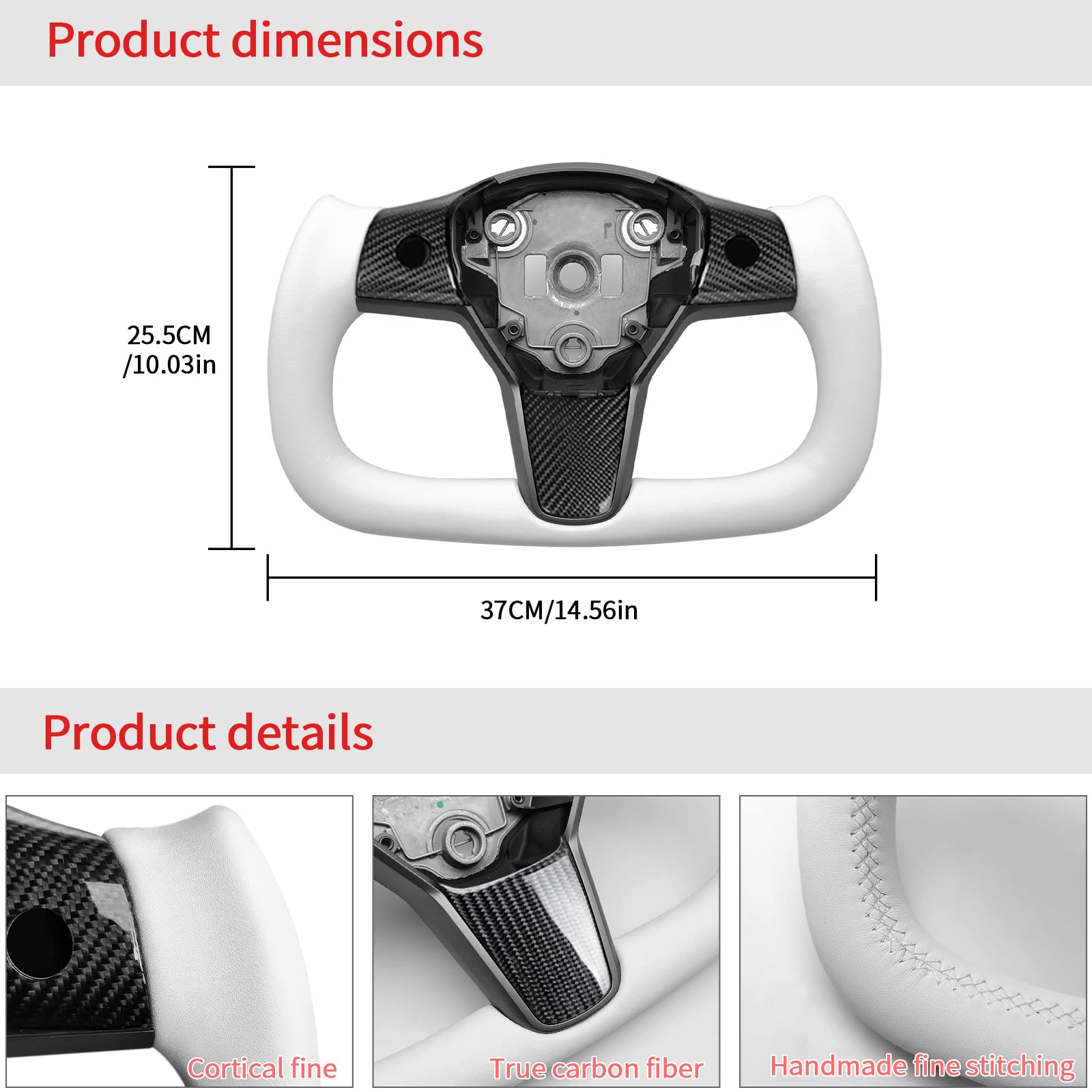 YAMUDA Carbon Fiber Steering Wheel for Tesla Model 3 & Y (All Years) - White Aircraft Disc Square Design - Perfect for Racing, Custom Car Mods & Luxury Interior Upgrades