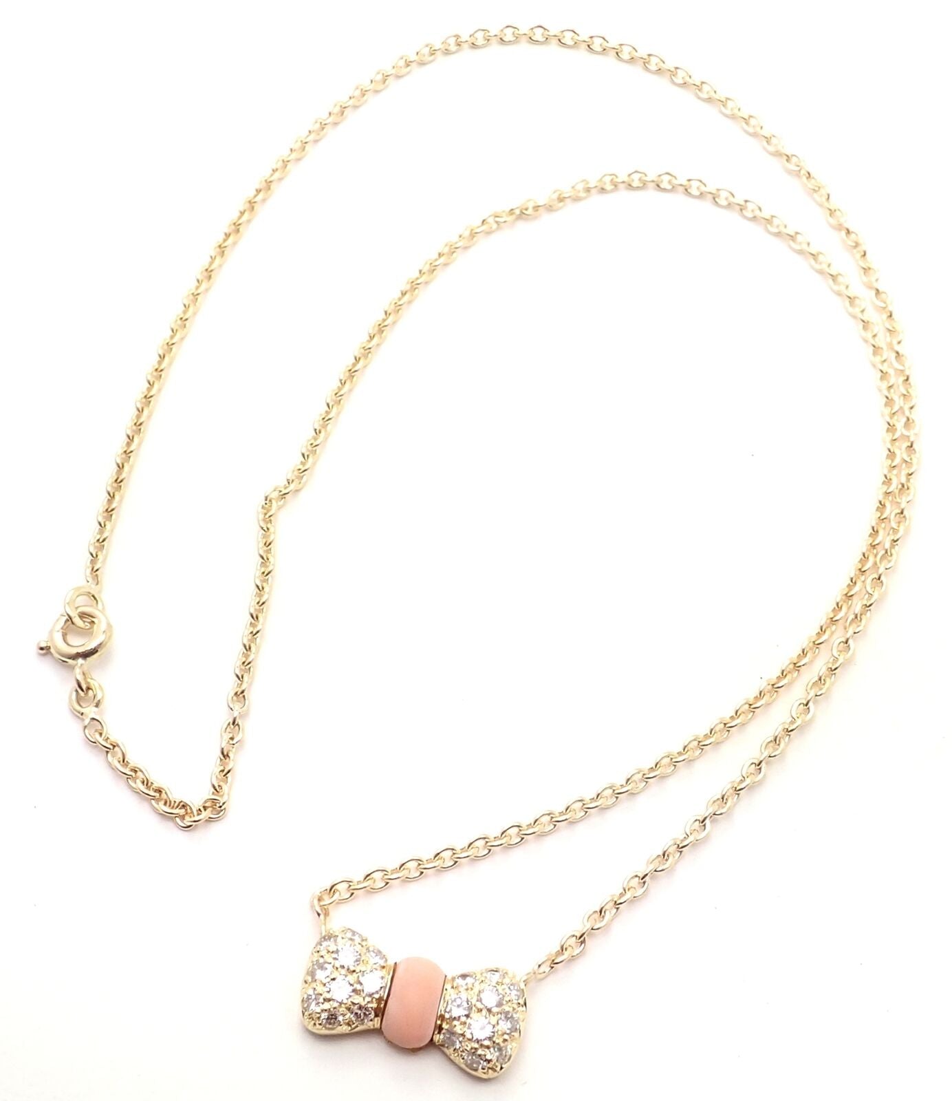 Authentic Van Cleef & Arpels 18k Yellow Gold Diamond Coral Bow Pendant Necklace - Luxury Jewelry Gift for Women, Perfect for Weddings & Special Occasions