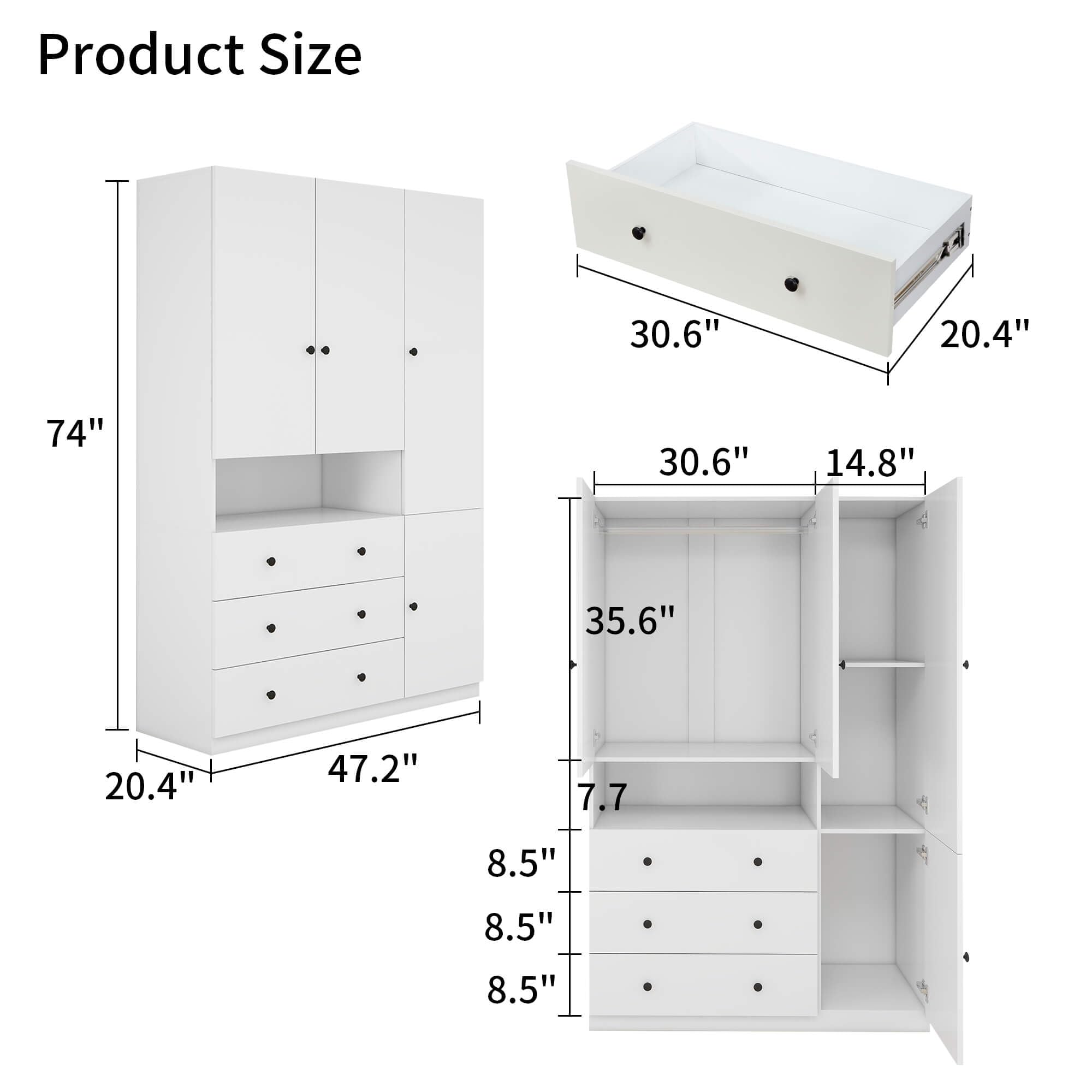 White Wooden Wardrobe Closet Armoire with Hanging Rod & Shelves - Spacious Storage Cabinet for Bedroom, Clothes Organization & Home Decor