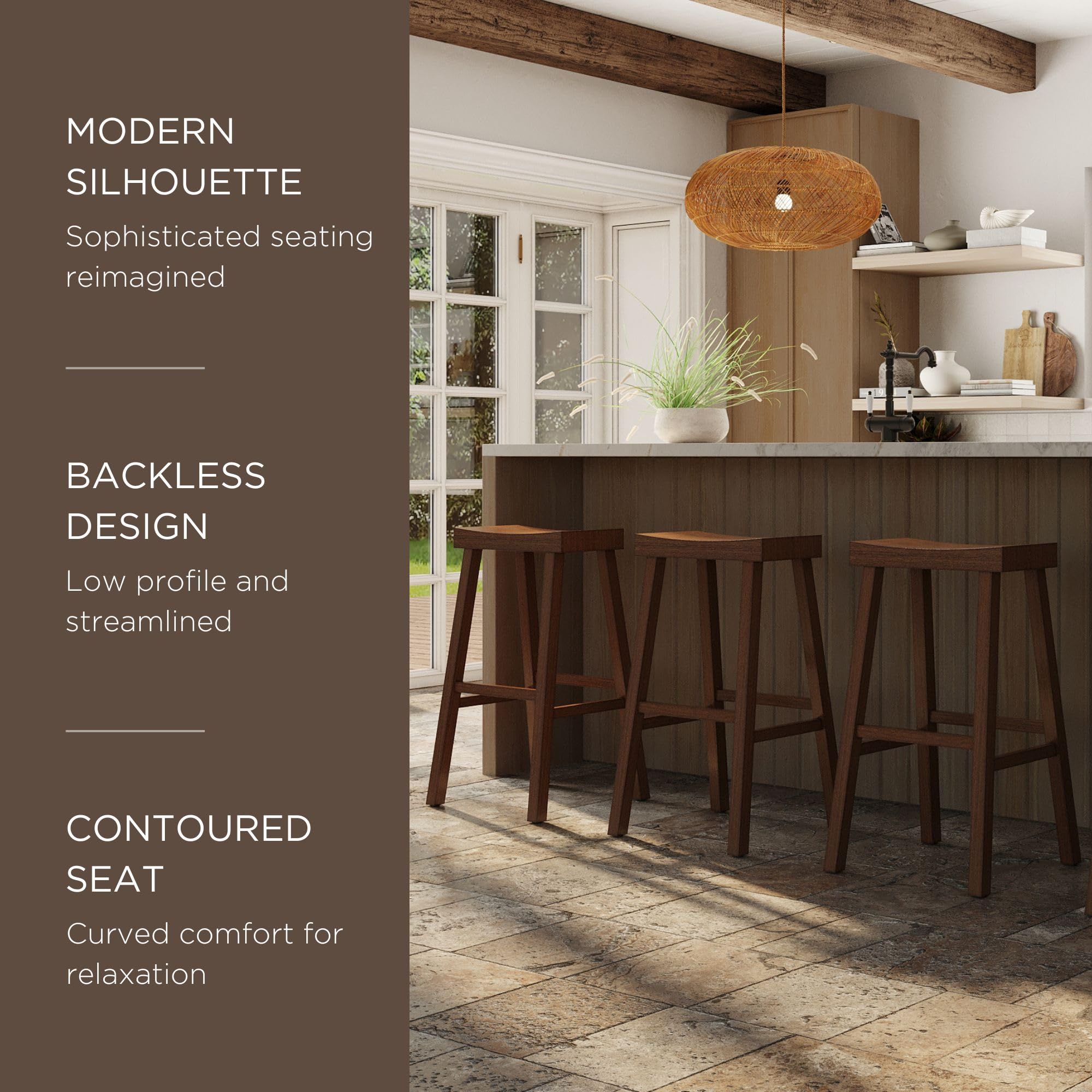 Modern Farmhouse Wood Bar Stool - 31 Inch Backless Kitchen Island & Pub Height Stool with Wide Comfortable Seat - Vincent Antiqued Natural Finish - Perfect for Kitchen, Dining Room & Home Bar Decor