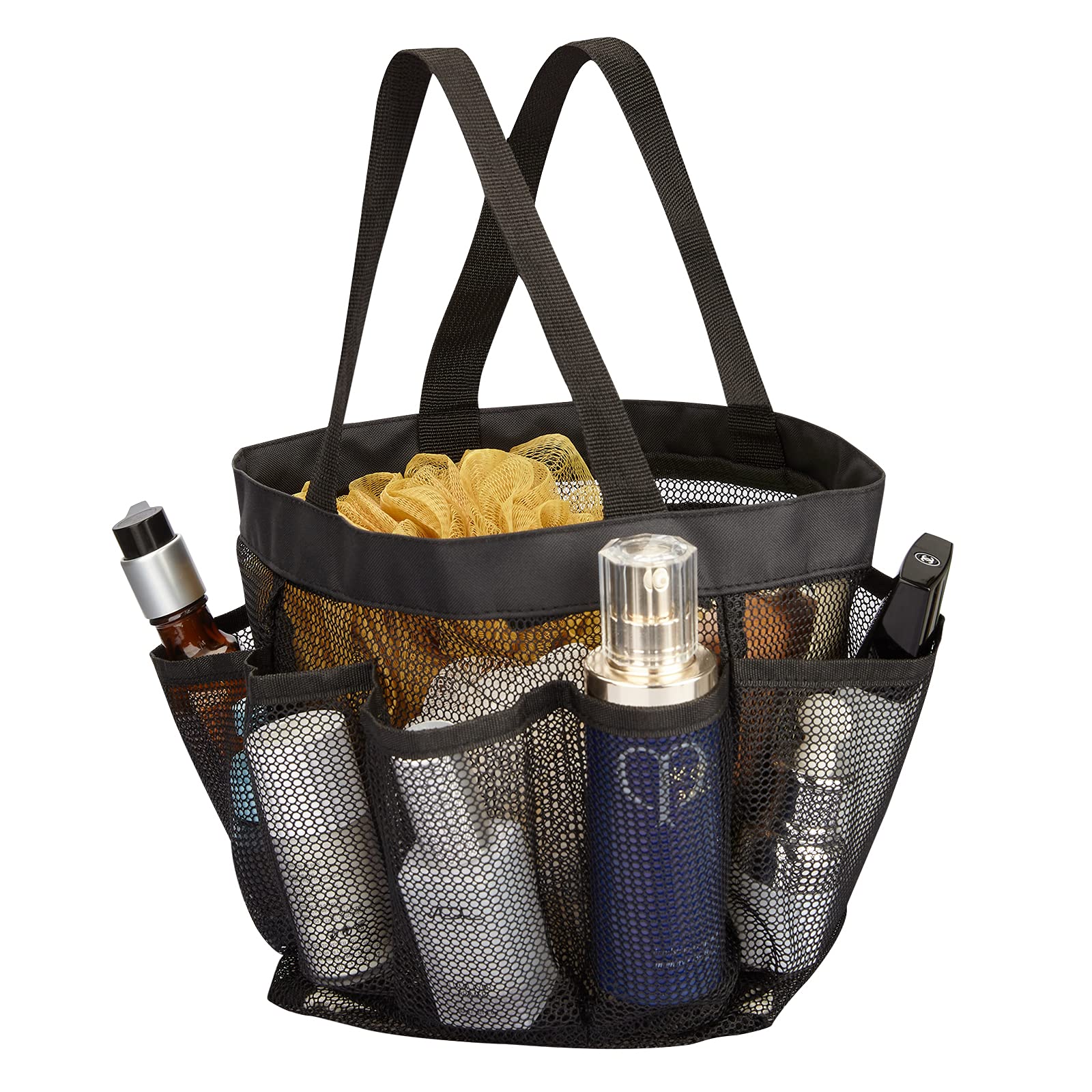 HAOGUAGUA Mesh Shower Caddy Tote Bag - 8 Pocket Hanging Toiletry Organizer for Men & Women | Waterproof Quick Dry Bath Storage | Perfect for College Dorm, Gym, Camping & Travel Accessories (Black)