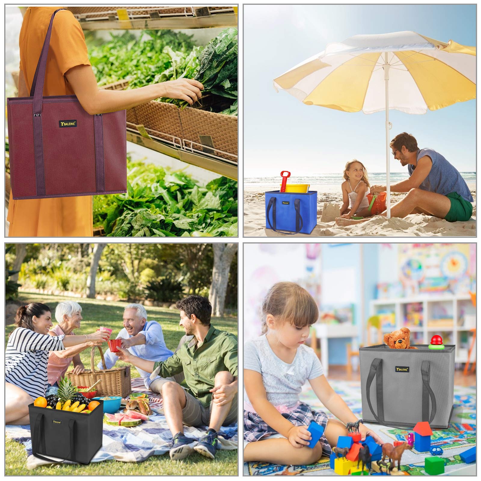 BALEINE 3-Pack Reusable Grocery Bags - Foldable Shopping Tote with Reinforced Bottom & Sturdy Handles (Gray) | Eco-Friendly Grocery Haul, Farmers Market & Retail Shopping Bags
