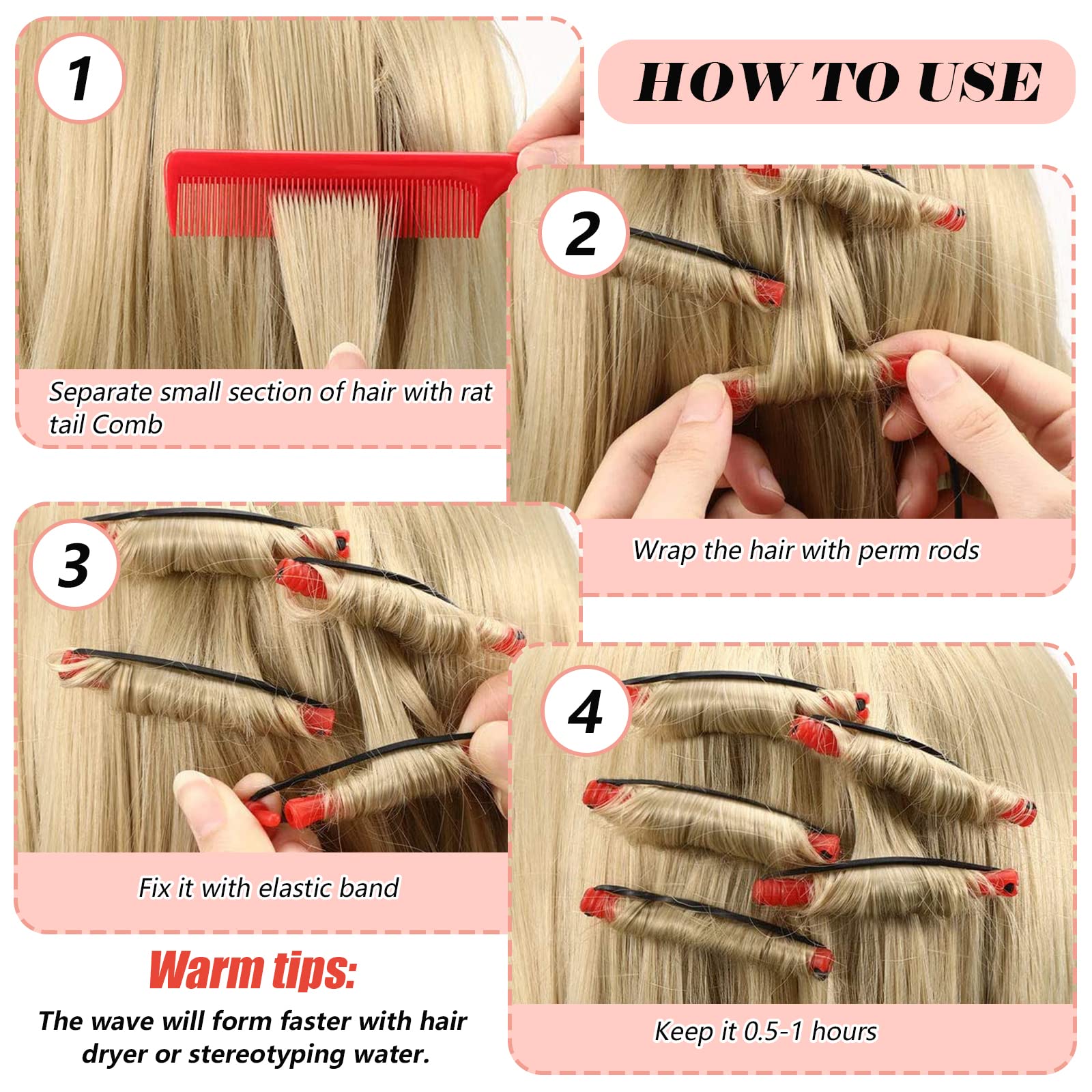 60 Pcs Plastic Cold Wave Perm Rods - Hair Curling Rollers for Perming & Styling with Rat Tail Comb - Heatless Curlers for Home Salon & Professional Use - Perfect for Creating Long Lasting Curls & Waves (Red)