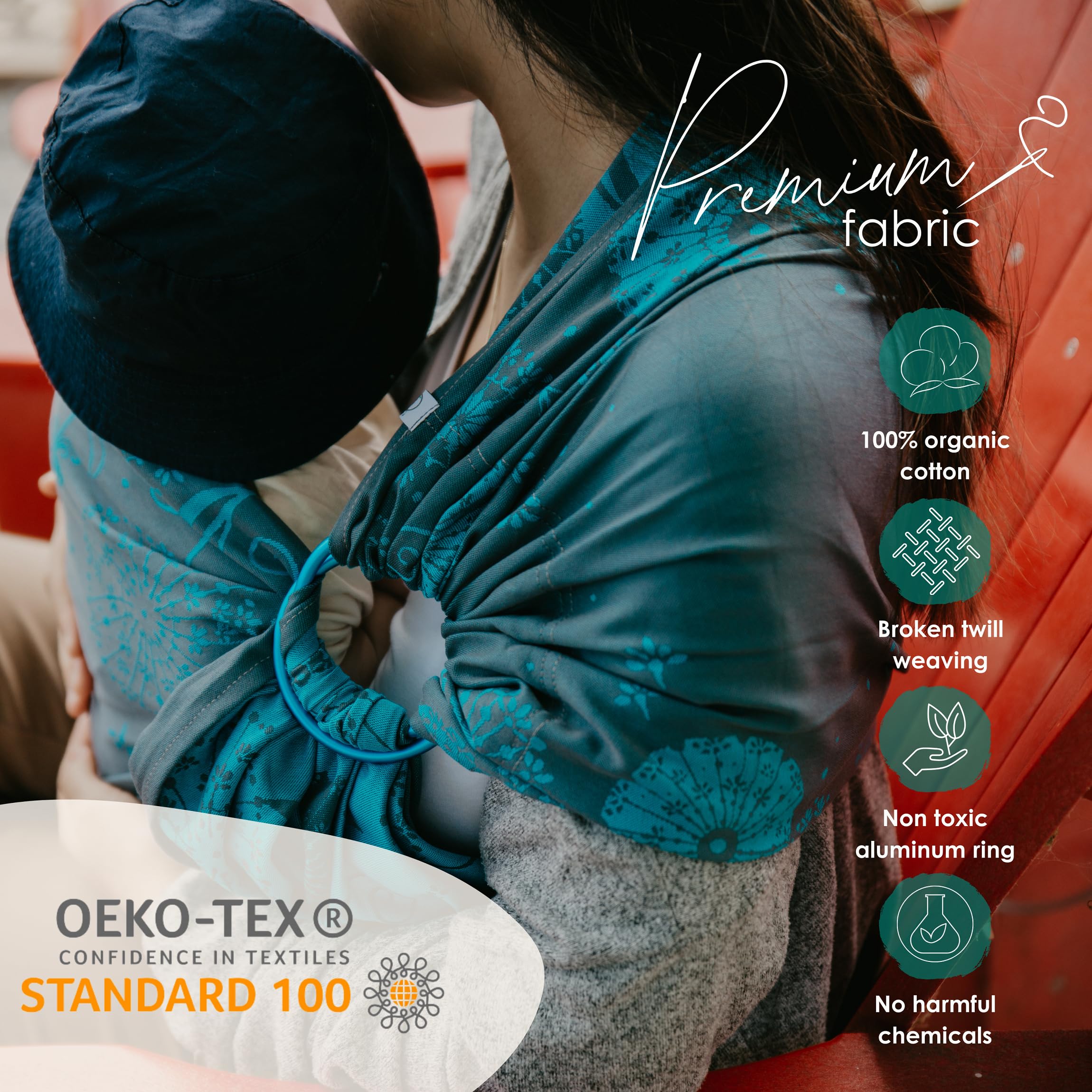 CHIMPAROO Organic Cotton Ring Sling Baby Carrier - Adjustable & Comfortable Newborn to Toddler Wrap (0-35 lbs) - Lightweight & Breathable for Hands-Free Babywearing - Perfect for Errands, Walks & Nursing - Dandelion Aqua, Size 1