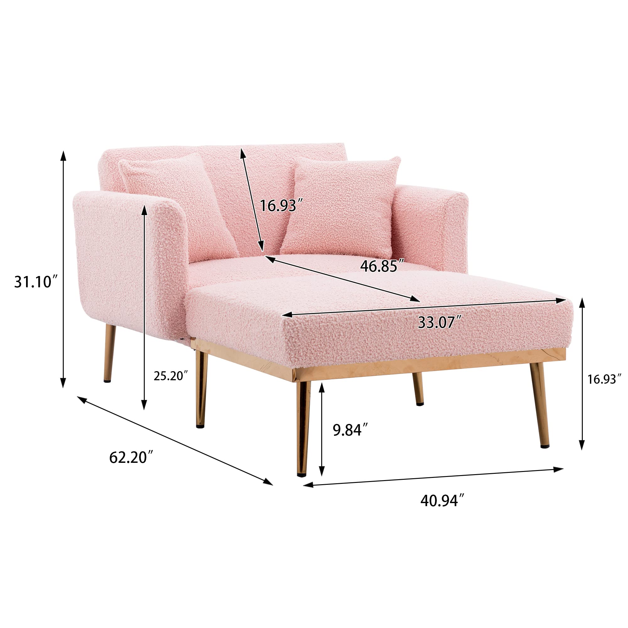 Teddy Fabric Chaise Lounge Chair - 3 Adjustable Angles, Converts to Bed with 2 Pillows, Tufted Sleeper Chair for Bedroom & Living Room (Pink) | Perfect for Relaxing, Reading & Napping