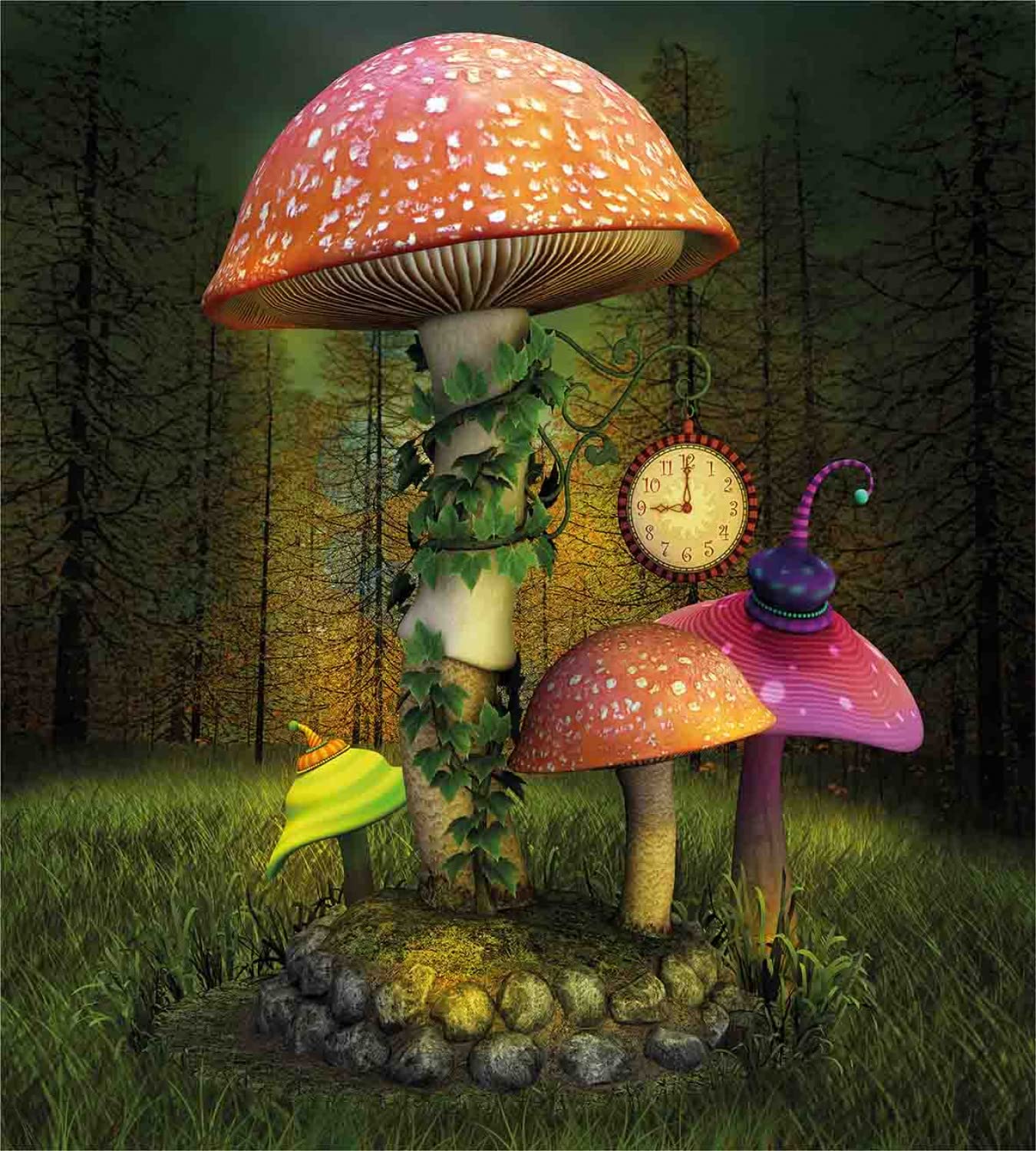 Ambesonne Fantasy Duvet Cover Set - Twin Size 2-Piece with Enchanted Forest Giant Mushrooms & Elves Design, Green Coral - Perfect for Kids' Bedrooms, Fantasy Themed Rooms & Cozy Bedding Decor