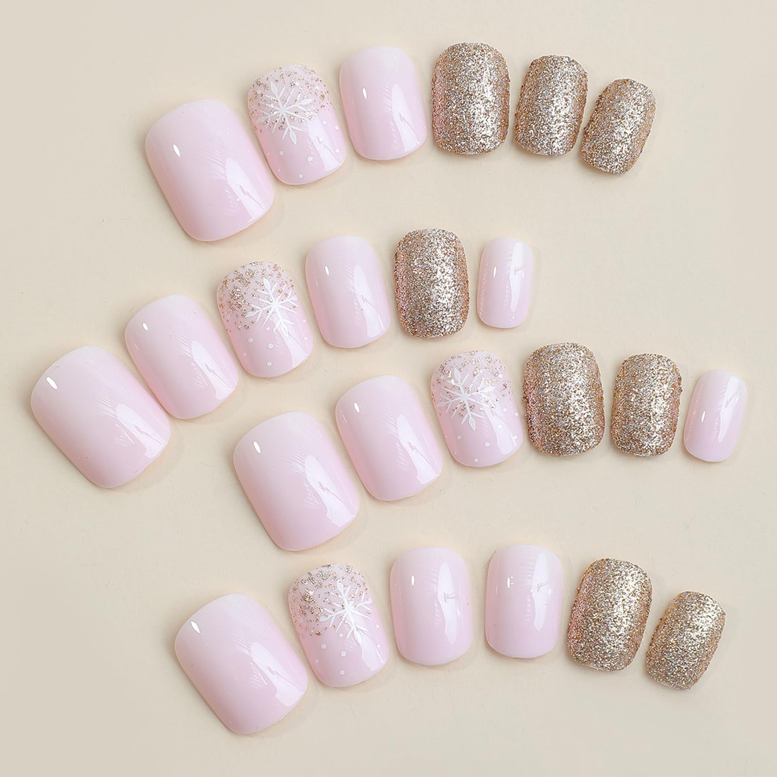 Snowflake Press on Nails - Short Square Fake Nails with Gold Glitter Design, Full Cover Glossy Artificial Nails for Women & Girls | Winter Christmas Manicure, Party, Wedding, Date Night Nail Art Accessories