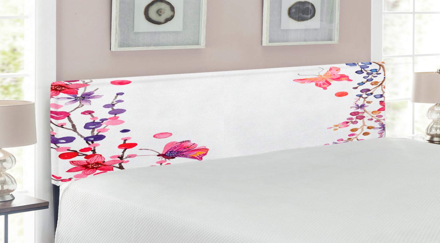 Ambesonne King Size Upholstered Butterfly Floral Headboard - Pink Purple White Decorative Metal Bed Frame with Memory Foam | Healing Power Design for Bedroom Decor & Meditation Space