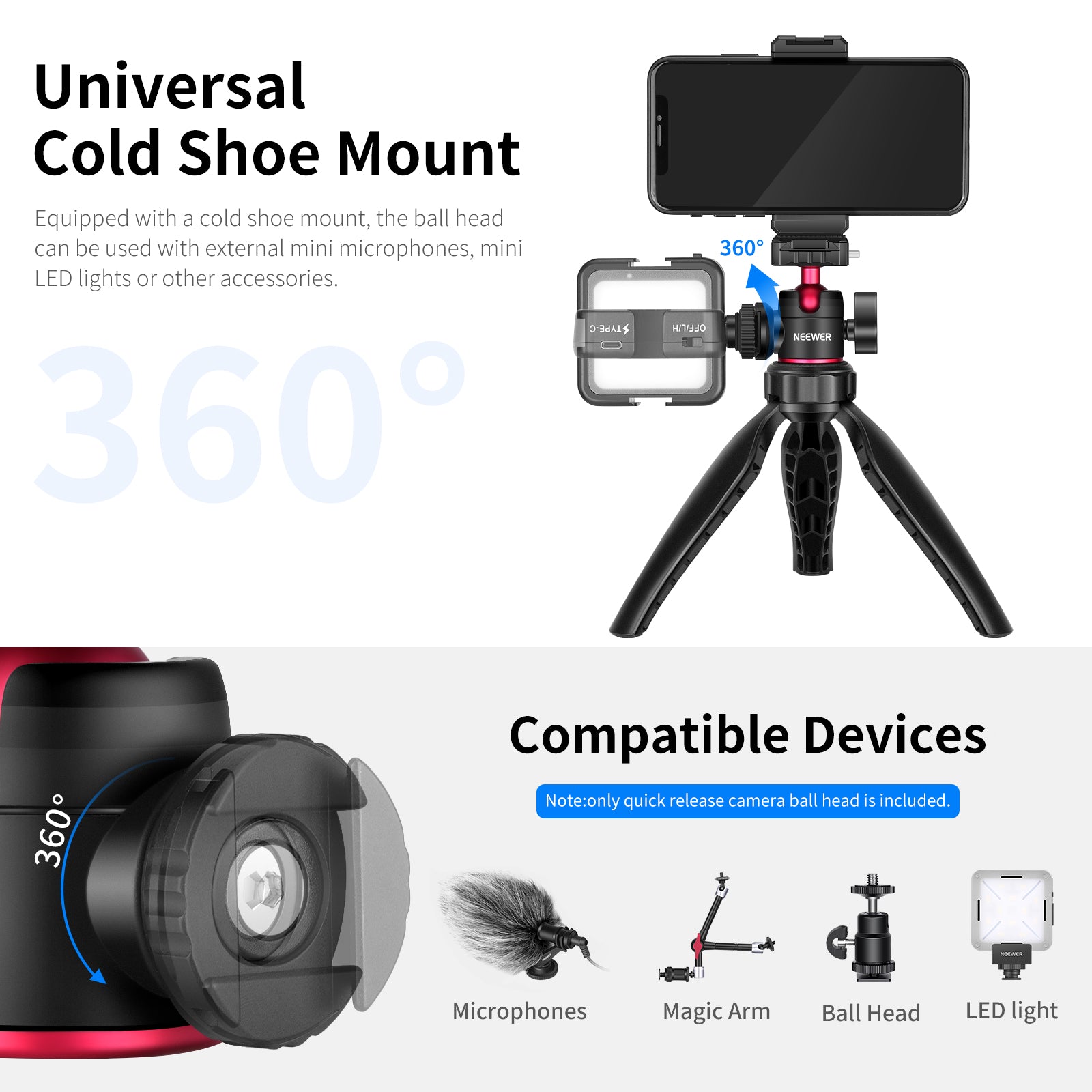 NEEWER ST32 Quick Release Camera Ball Head with 360° Panoramic Rotation - Perfect for DSLR, Mirrorless Cameras, and Video Shooting - Ideal for Travel, Vlogging, and Photography