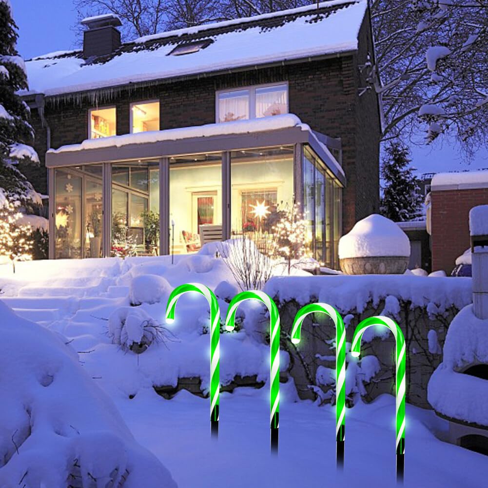4PCS 14.5 Inch Battery Operated Remote Control Christmas Candy Cane Pathway Lights - Outdoor Indoor LED Lawn Decorations for Patio, Garden, Walkway - Green Candy Cane Stake Lights for Holiday Party Decor