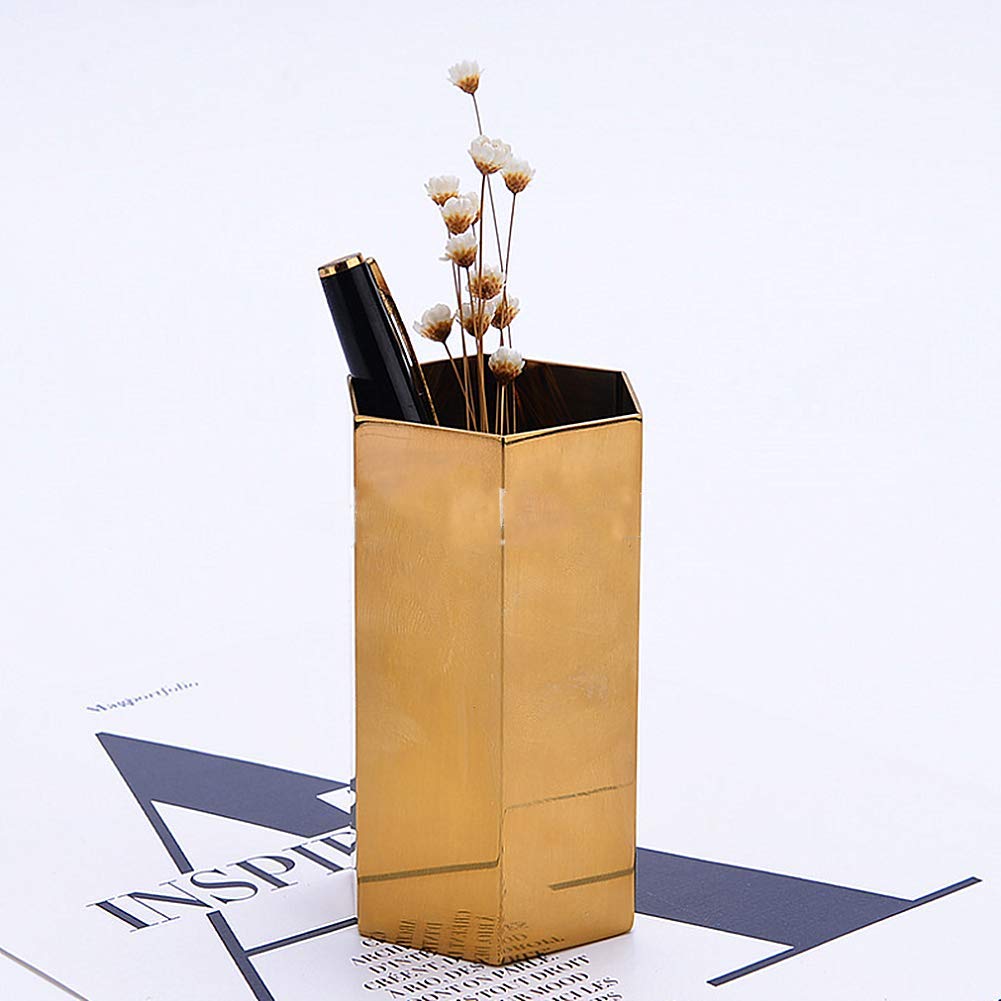 Gold Pen Cup Holder - Stylish Desk Organizer for Pencils, Pens & Makeup Brushes | Office & Home Desktop Stationery Container | Perfect for Workspace, Study Table & Vanity Decor