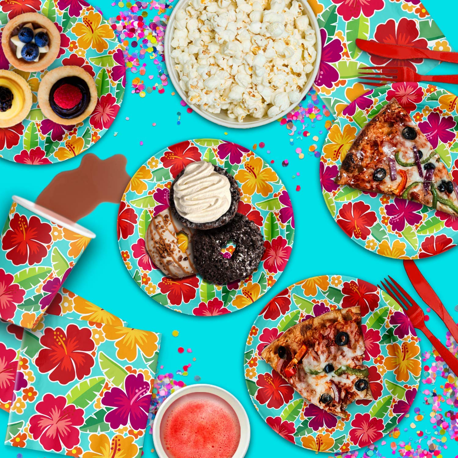 Hawaiian Hibiscus Flower Birthday Party Supplies Set - 16-Piece Tableware Kit with Plates, Napkins & Cups - Perfect for Luau, Tropical & Beach Themed Parties