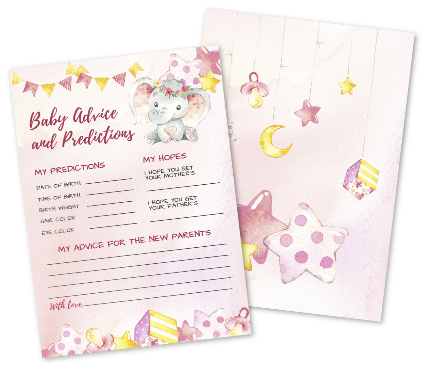 50 Deluxe Pink Elephant Advice & Prediction Cards - 5x7 Inch Double Sided for Baby Shower Games, New Parent Message Book, Gender Reveal, Nursery Decor - Perfect for Baby Showers, Gender Reveal Parties & New Parent Gifts