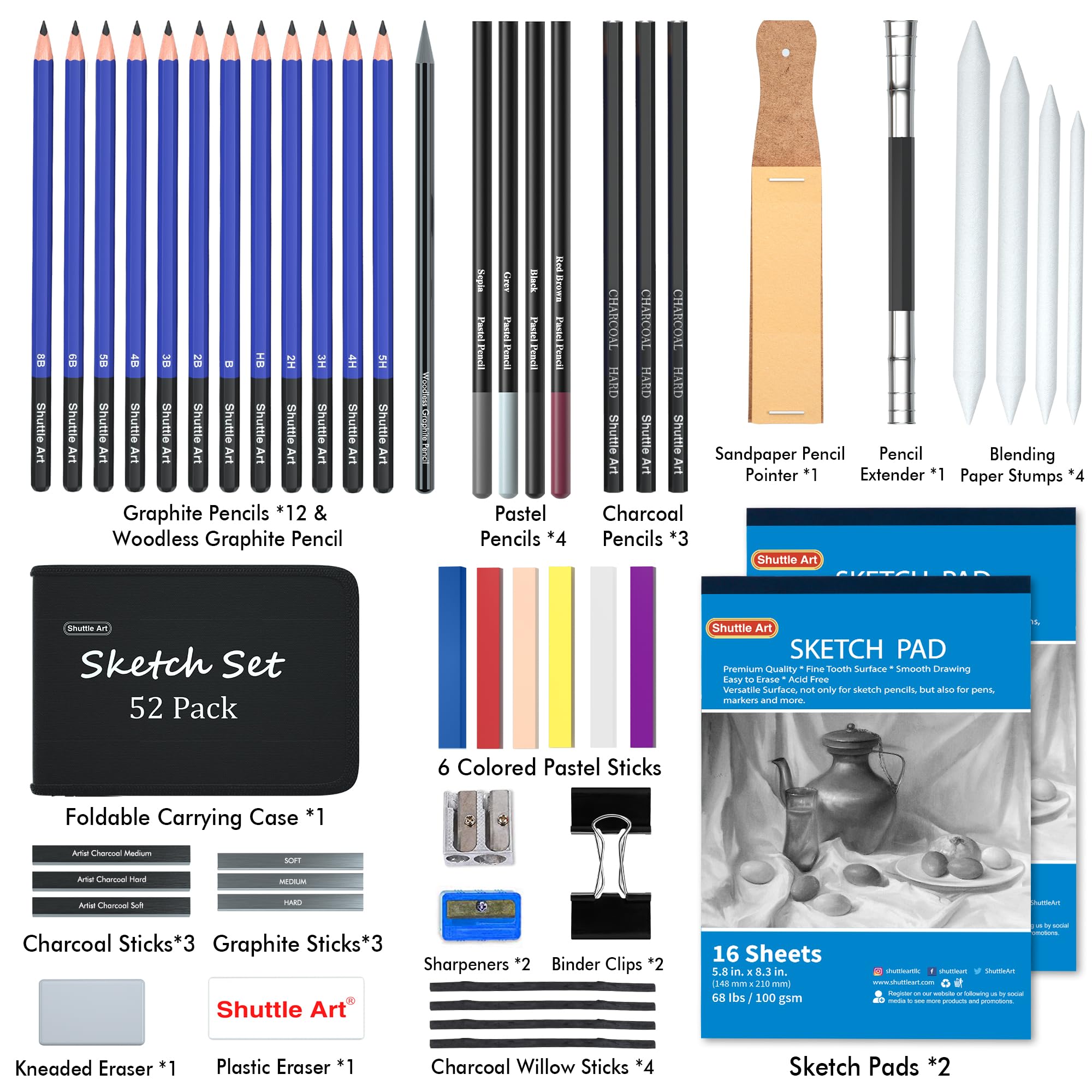 Shuttle Art 52 Pack Professional Drawing Pencils Set - Graphite & Charcoal Sticks with Sketch Pad in Portable Case - Perfect for Artists, Students & Adults - Ideal for Sketching, Shading & Art Projects