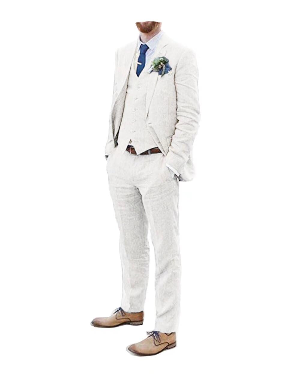 Premium Men's Linen Suits 3-Piece Set - Breathable Summer Wedding Blazer, Vest & Pants for Groomsmen, Beach Ceremonies & Formal Events