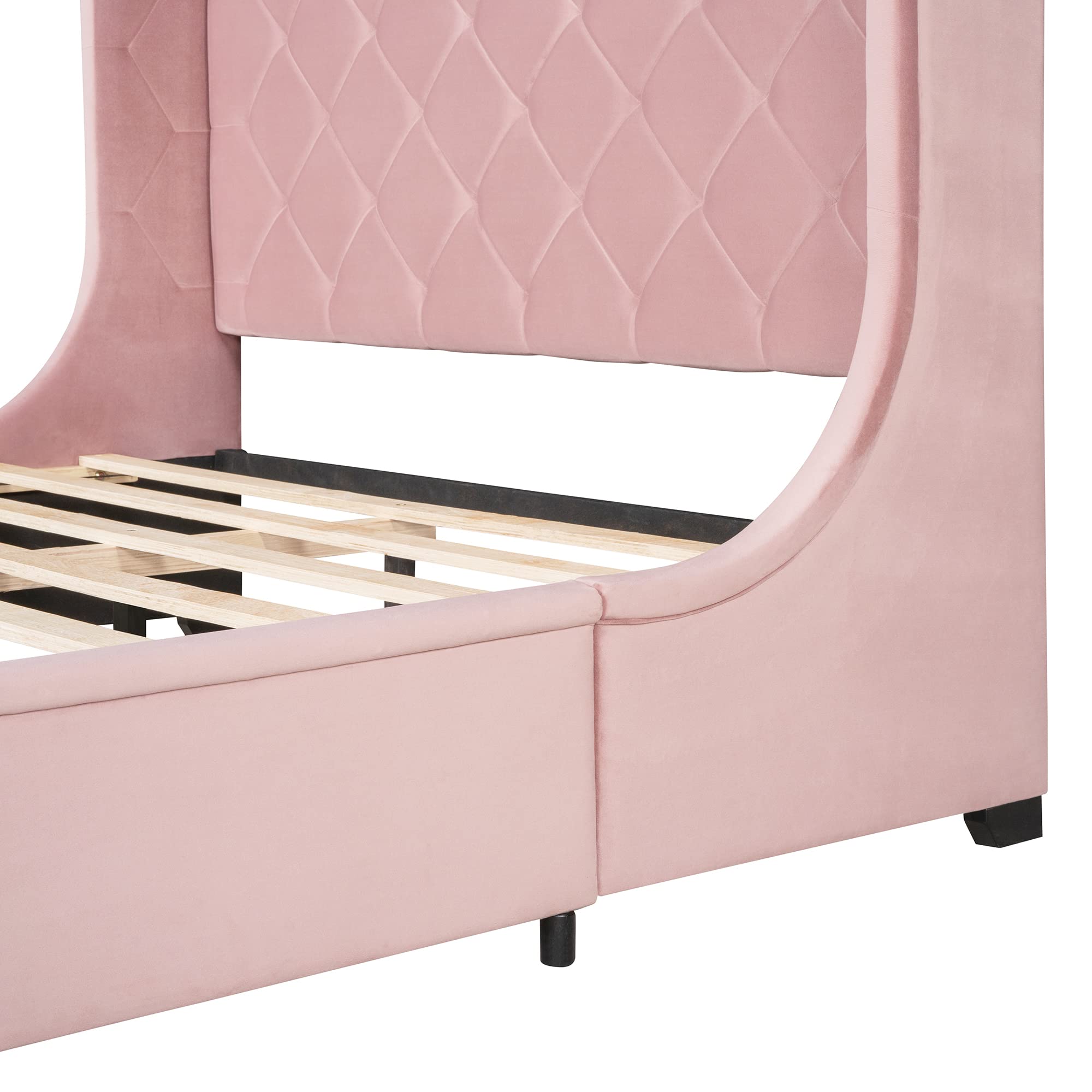 P PURLOVE Queen Size Velvet Upholstered Platform Bed Frame with Wingback Headboard & Storage Drawer - No Box Spring Needed, Easy Assembly (Pink) | Modern Bedroom Furniture for Small Spaces & Guest Rooms