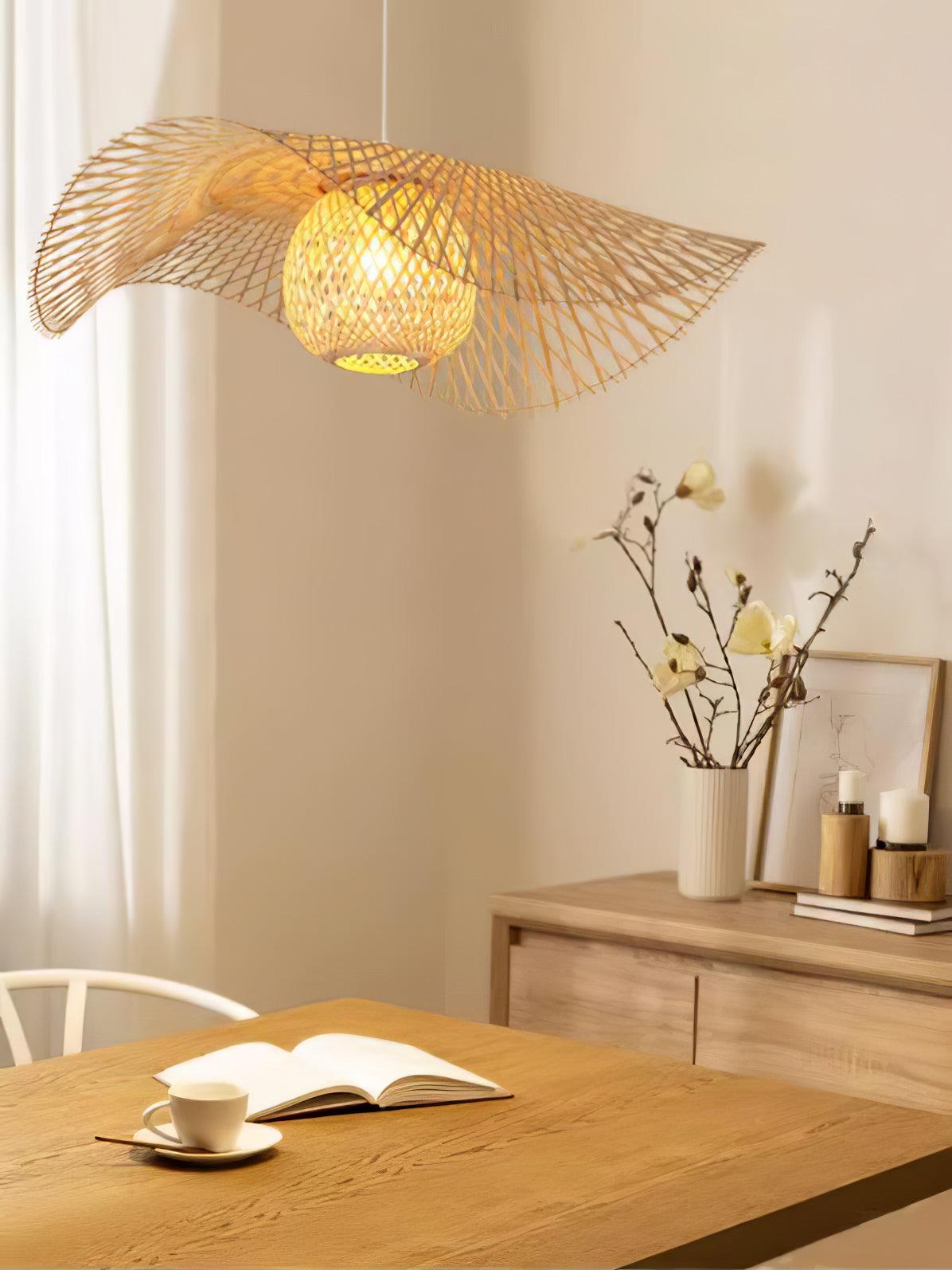 Handmade Bamboo Frame Pendant Light - Natural Rattan Hanging Lamp for Dining Room, Bedroom & Living Room Decor - Eco-Friendly Boho Ceiling Lighting Fixture