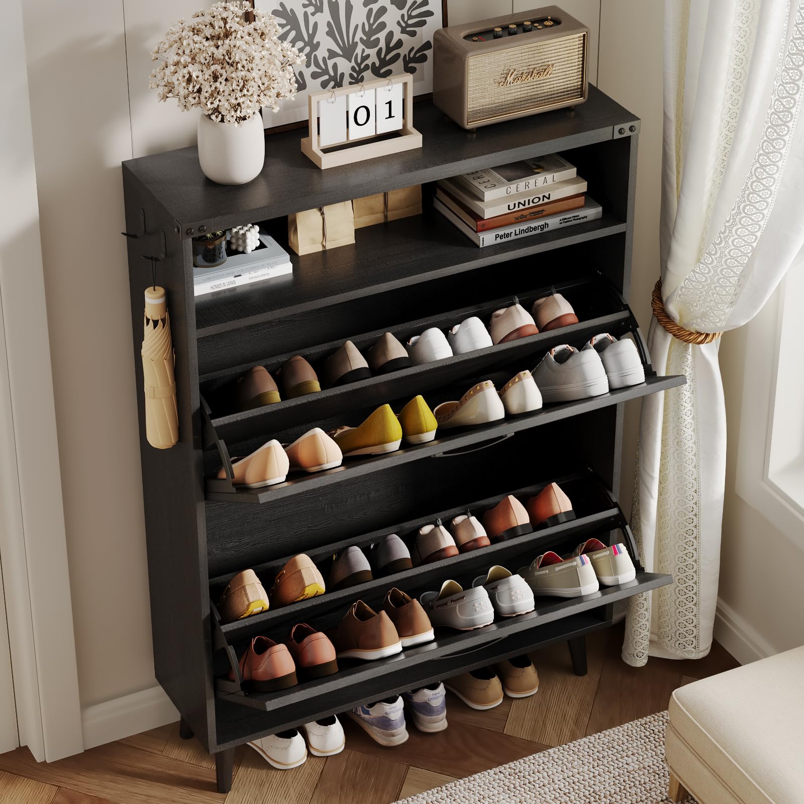 2-Tier Flip-Door Shoe Storage Cabinet - Freestanding Entryway Organizer with Open Shelves & Farmhouse Style Legs - Space-Saving Narrow Shoe Rack for Hallway, Closet or Bedroom (Black)