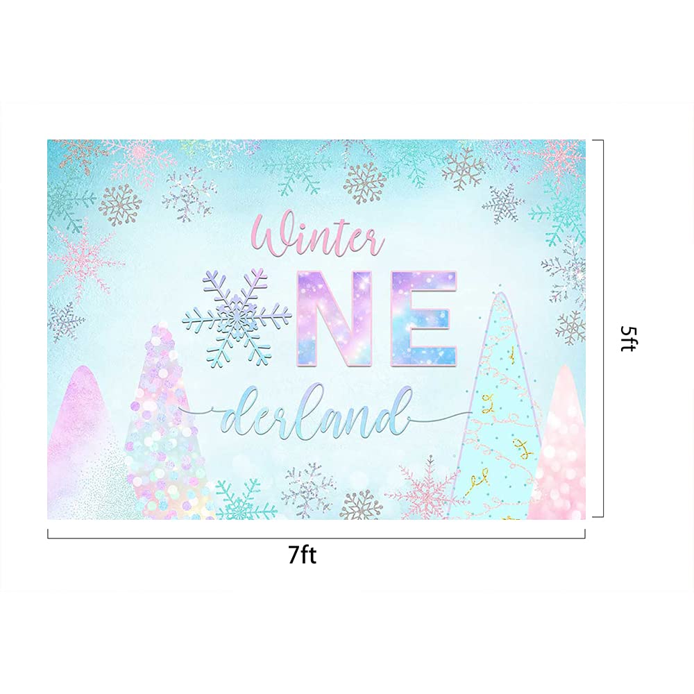Lofaris Winter Onederland Backdrop - Pink Silver Blue Snowflake Photography Background for Baby Girl's 1st Birthday Party Decor (7x5ft) | Perfect for Cake Table, Photo Booth, Studio Props & Wonderland-Themed Celebrations