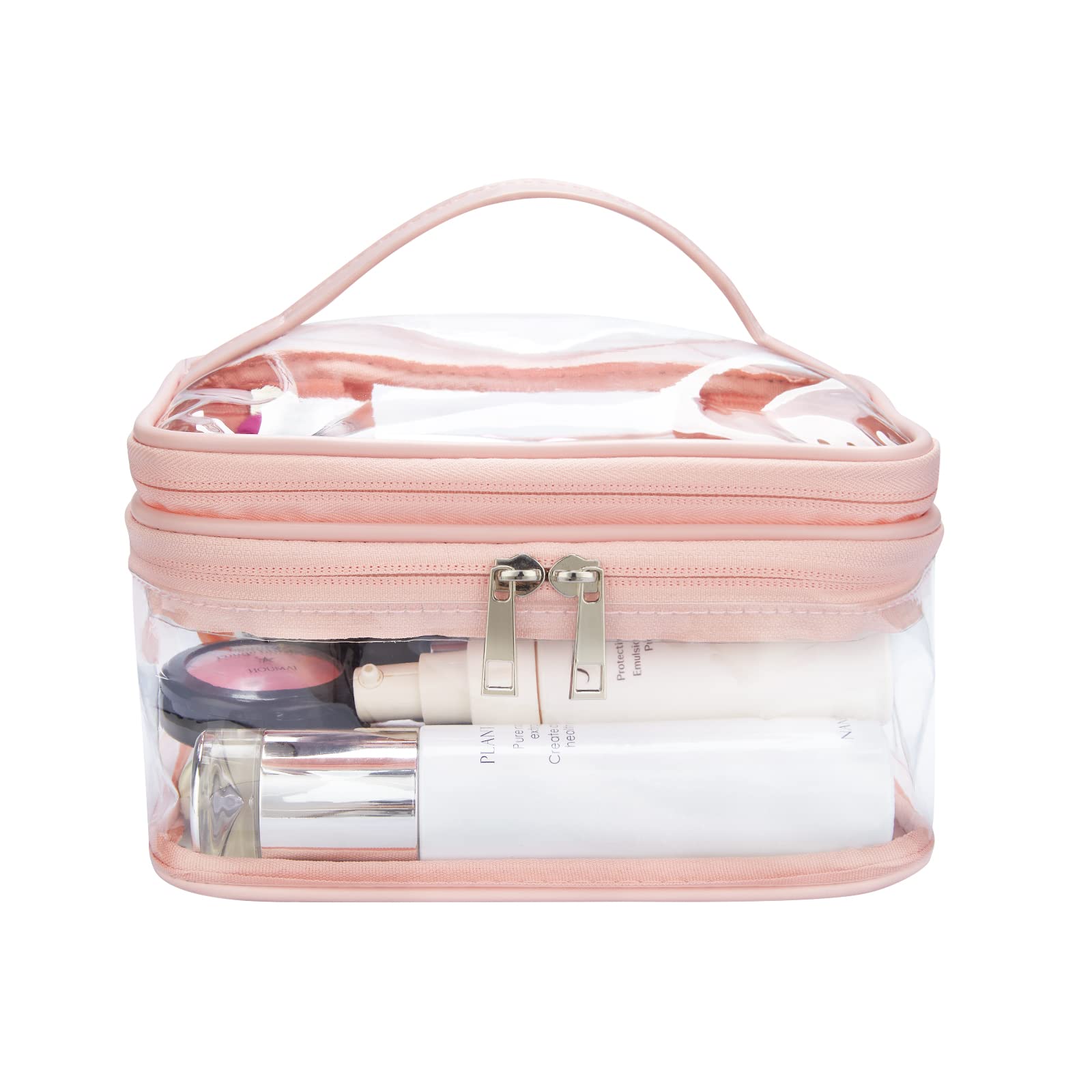 Double Layer Clear Cosmetic Bag - Waterproof Travel Makeup Organizer for Toiletries, Hair & Nail Accessories - Transparent PVC Beach Bag (Pink) | Perfect for Travel, Gym, Beach & Daily Organization
