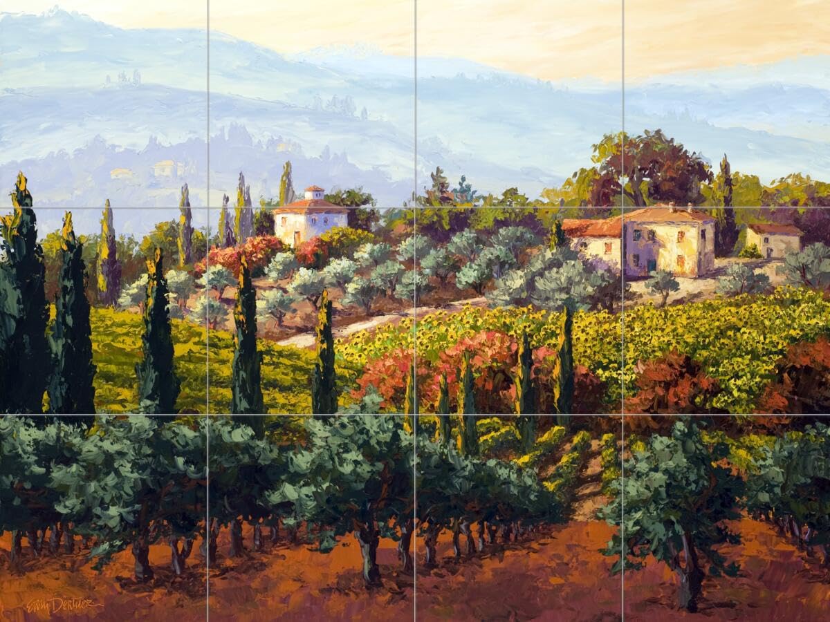 Hand-Painted Ceramic Backsplash Tile Mural - Tuscan Italian Countryside Landscape for Kitchen & Bathroom Decor - Fabulous Fields by Erin Dertner - Perfect for Farmhouse, Mediterranean, and Rustic Style Homes