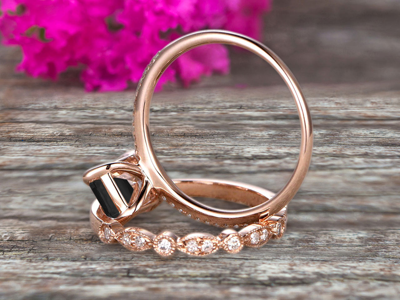 1.50 Carat Emerald Cut Art Deco Black Diamond Moissanite 10k Rose Gold Wedding Set - Engagement Ring & Anniversary Gift for Her - Perfect for Proposals, Bridal Jewelry, and Special Occasions