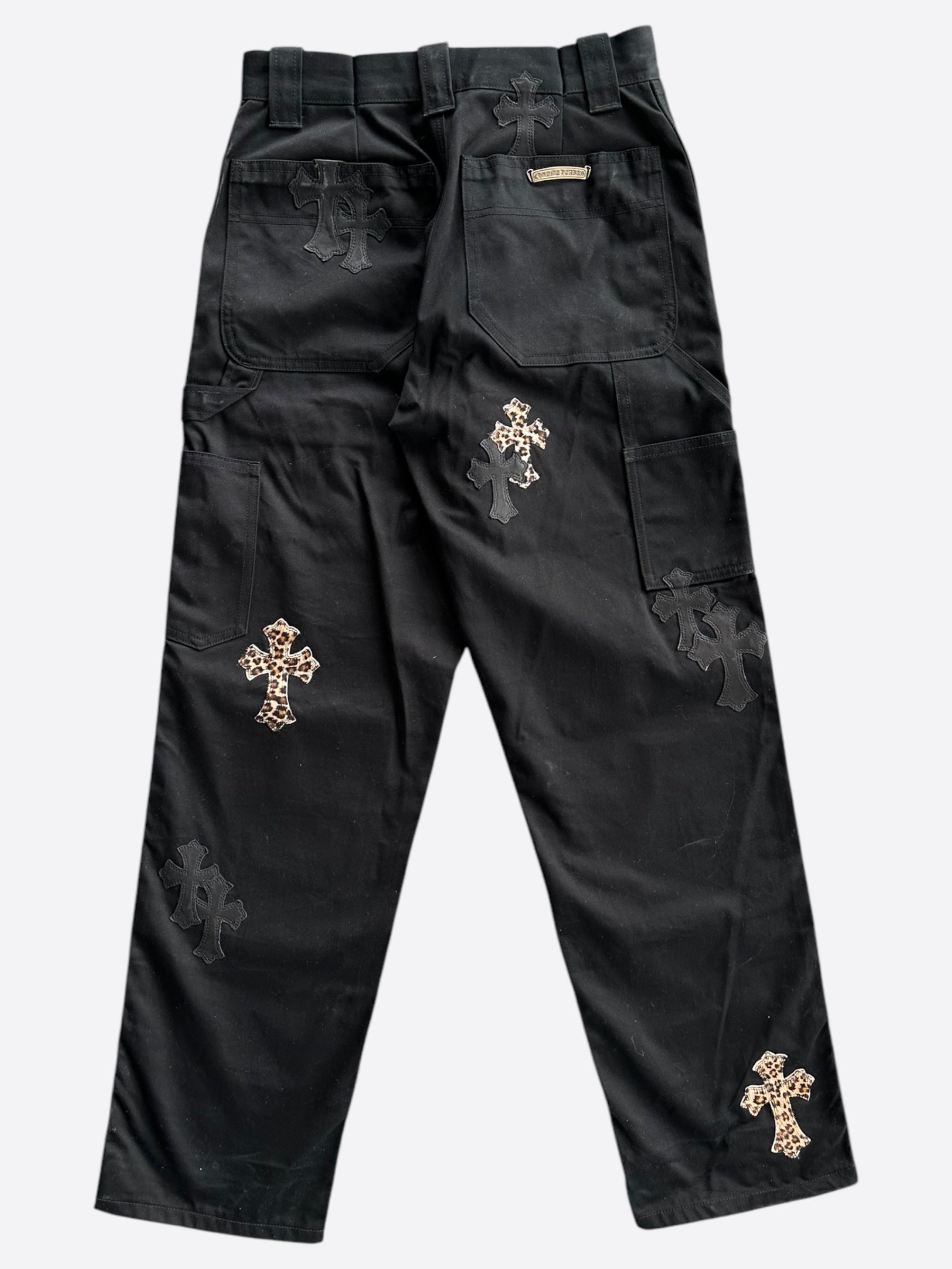 Chrome Hearts Black & Cheetah Cross Patch Carpenter Pants - Gothic Streetwear for Men, Edgy Fashion Statement | Perfect for Concerts, Night Out & Alternative Style