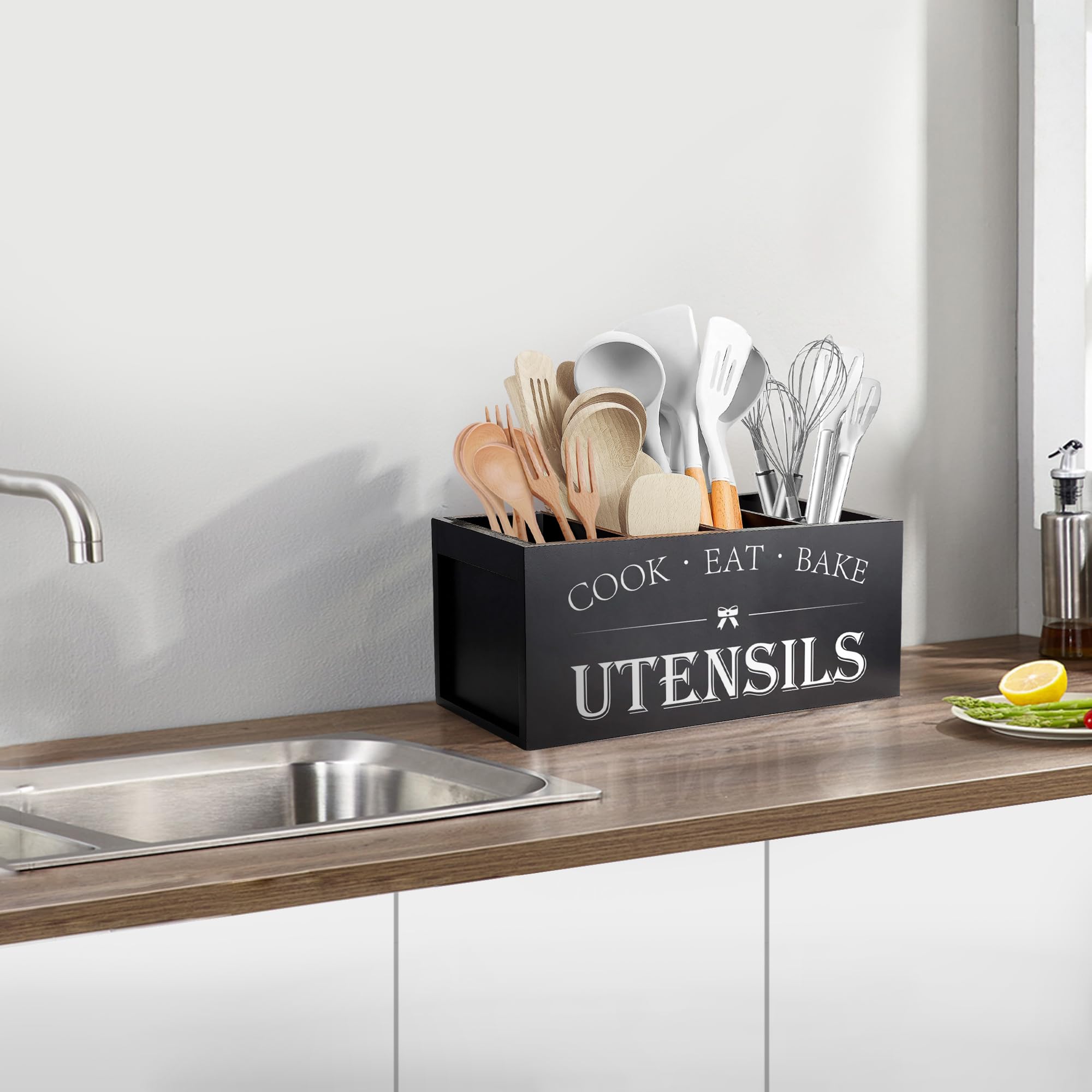 Extra Large Wooden Kitchen Utensil Holder with 4 Compartments - Rustic Farmhouse Countertop Organizer for Cooking Tools, Spoons & Spatulas - Black - Perfect for Kitchen Counter Organization & Farmhouse Style Decor