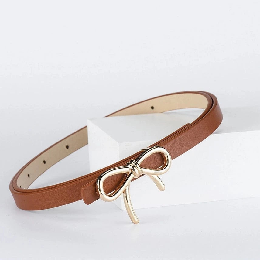 Stylish Brown Leather Bow Buckle Belt for Women & Men - Adjustable Waistband Accessory for Jeans, Dresses & Casual Outfits