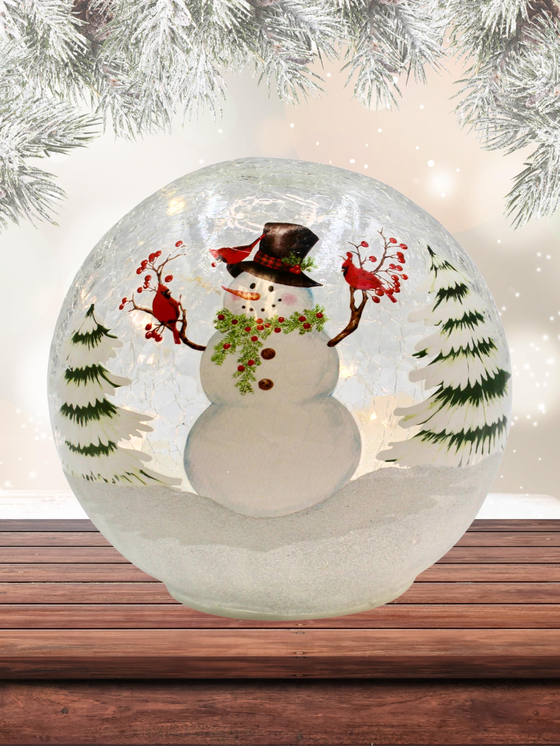 Snowman with Cardinals Crackle Glass Globe - LED Light Up Christmas Ornament - Battery Operated Holiday Home Decor (Requires 3 AA Batteries) - Perfect for Mantel, Tabletop & Holiday Gift Giving