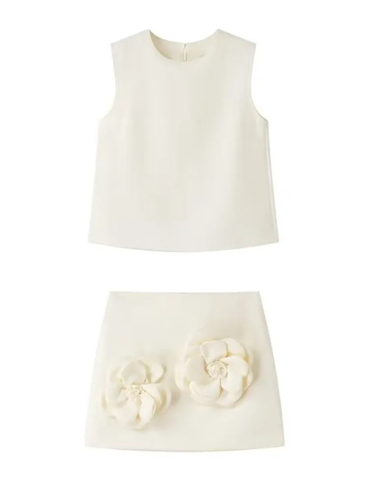 Y2K Mini Skirt Set for Women - Floral Applique Sleeveless Crop Top & Extreme Short Skirt Summer Outfit (White) | Perfect for Music Festivals, Beach Vacations & Streetwear Fashion