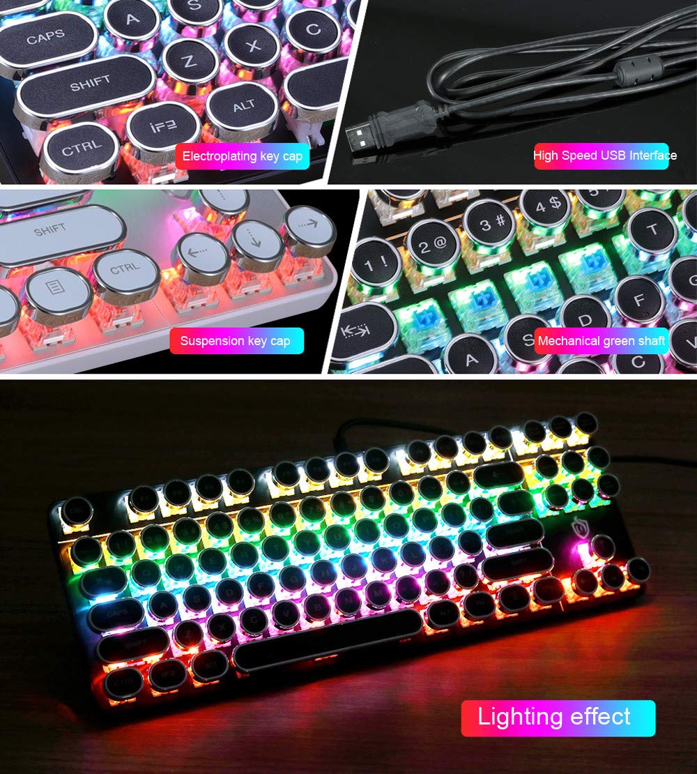 Steampunk Retro Mechanical Gaming Keyboard - 87 Keys RGB Backlit, USB Wired, Ergonomic Design for PUBG, LOL, Fortnite | Perfect for Gaming, Office Work & Typing Enthusiasts (Black)