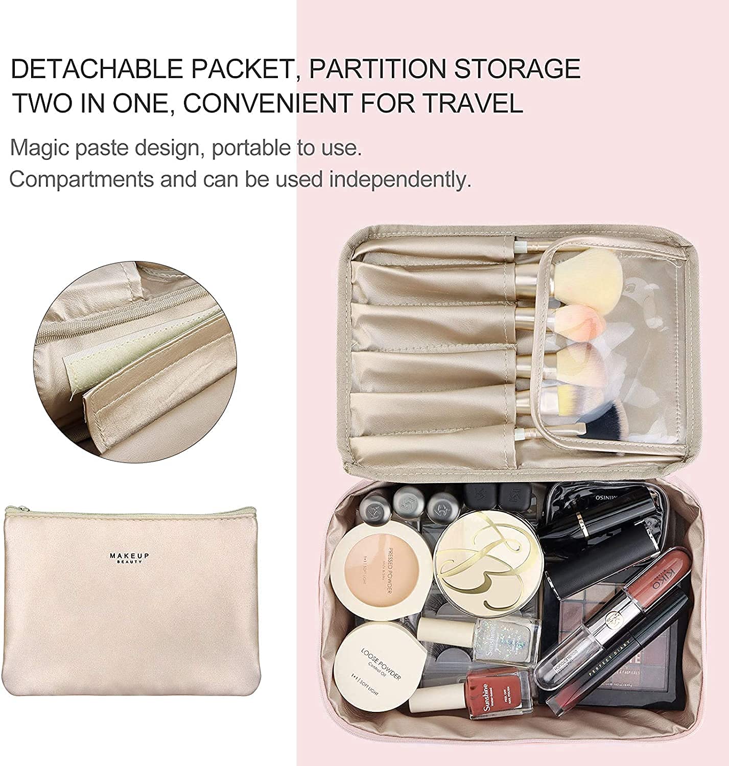 CLUSPEX Pink Cosmetic Organizer Bag with Pouch - Travel Makeup Bag for Women, Large Makeup Organizer for Brushes, Toiletries & Cosmetics (24x17x7cm) - Perfect for Home, Travel & Daily Use