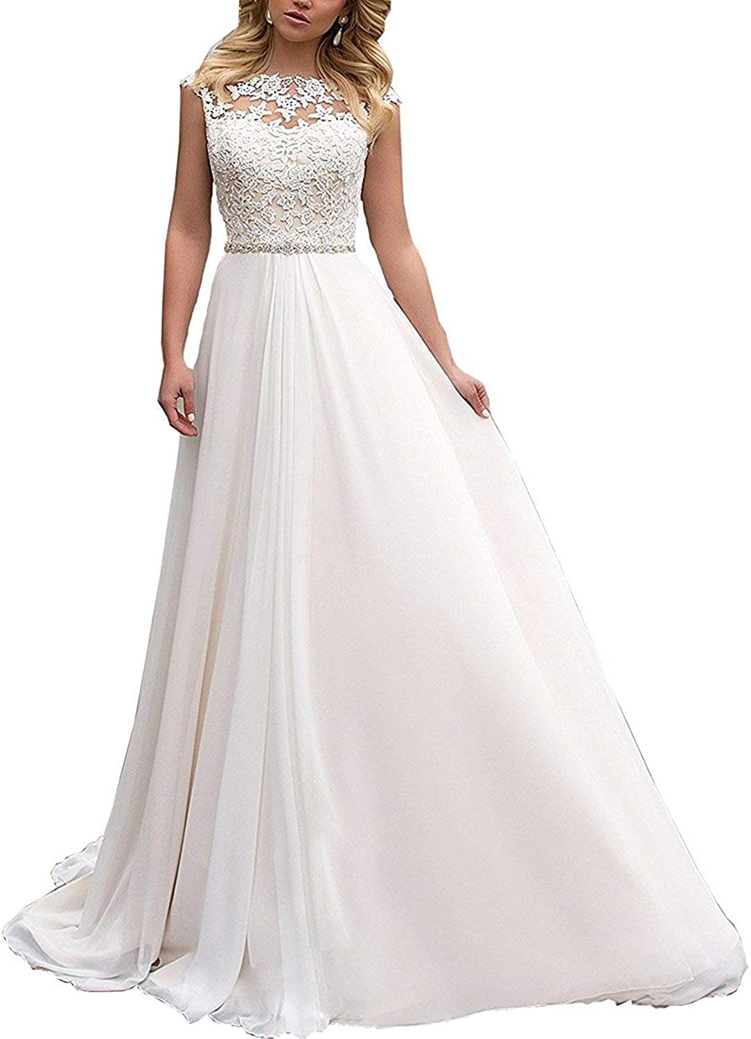 Elegant YAXIU Long Lace Chiffon Wedding Dress for Bride - Vintage A-Line Ivory Bridal Gown with Lace Up Back | Perfect for Beach Weddings, Garden Ceremonies & Romantic Vows