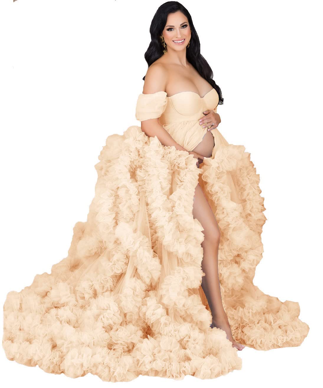 Elegant Women's Tulle Maternity Gown - Sheer Ruffled Babyshower & Bridal Photoshoot Dress, Lingerie & Bathrobe for Pregnancy Photos, Maternity Shoot & Special Occasions