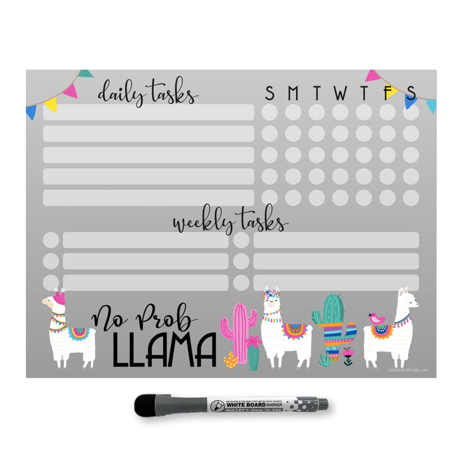 Dry Erase Whiteboard Planner with Removable Adhesive | Magnetic Fine-Tip Marker Included | 9x12 Inch Llama Design | Perfect for Home Office, Classroom & Productivity Tracking