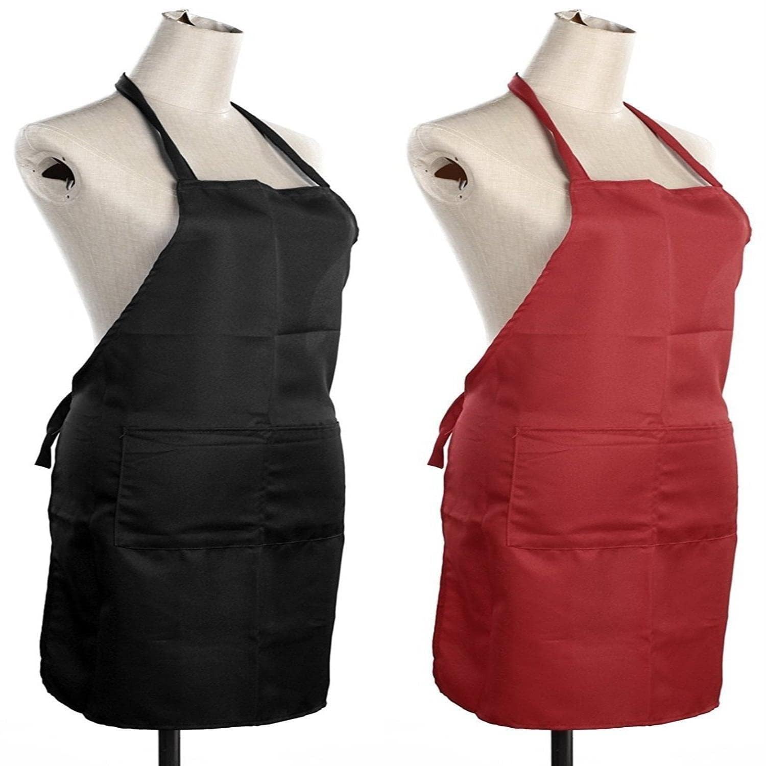 Waterproof Kitchen Apron Set of 2 - Black & Red Heavy Duty Cooking Bib Aprons for Chefs, BBQ, Baking - Ideal for Home Kitchen, Restaurant & Outdoor Grilling