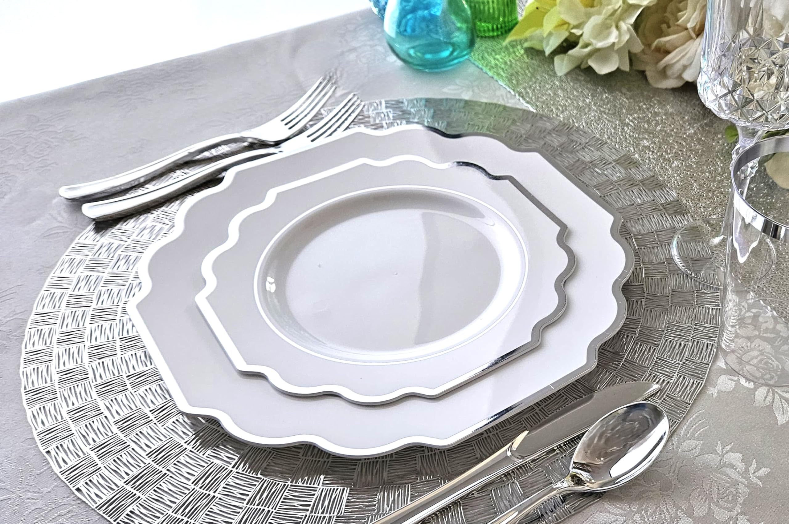 960-Piece Heavyweight Disposable Plastic Plate Set for Weddings & Parties - Includes 120 x 10.5'' Plates, 120 x 8'' Plates, Silverware, Cups & Napkins (White with Silver Rim) - Perfect for Large Gatherings, Catering Events & Special Occasions