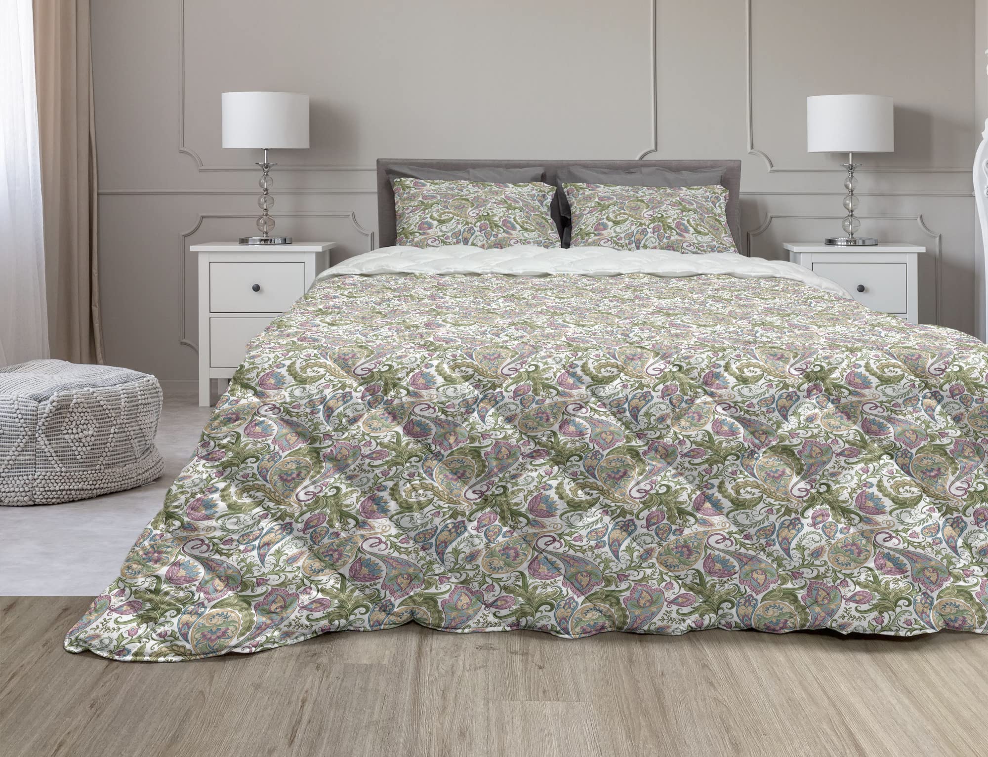 Ambesonne Paisley Comforter & Sham Bedding Set - Traditional Persian Pickles Pattern, Vintage Boho Style, Microfiber Filling Quilt, Full Size, Pale Brown Mauve & Green - Perfect for Bohemian Bedroom Decor, Guest Room, or Dorm Room