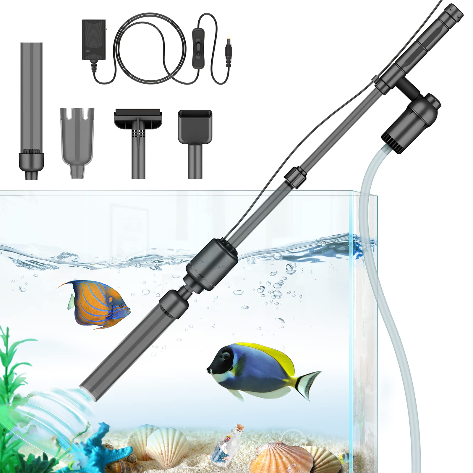 Bedee Electric Fish Tank Gravel Cleaner Vacuum - 6-in-1 Automatic Aquarium Cleaner Kit with Adjustable Water Flow for Sand Washing & Water Changing (DC 12V, 18W) - Perfect for Freshwater & Saltwater Tanks, Fish Bowl Maintenance, and Aquarium Cleaning