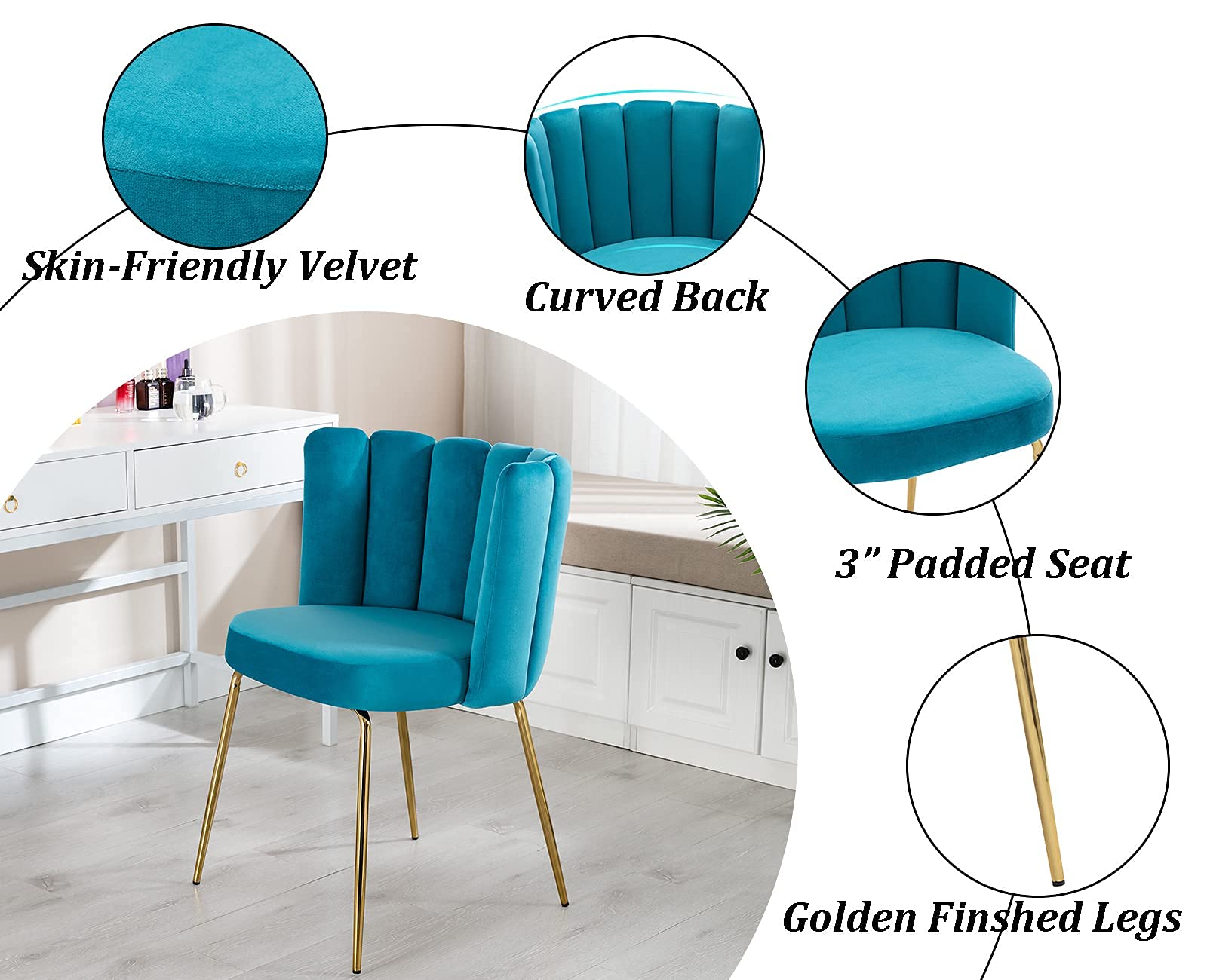 Velvet Dining Chairs Set of 2 - Modern Upholstered Accent Chairs with Gold Metal Legs for Kitchen, Living Room & Dining Room - Lake Blue Velvet Side Chairs for Home Decor, Dinner Parties & Cozy Seating