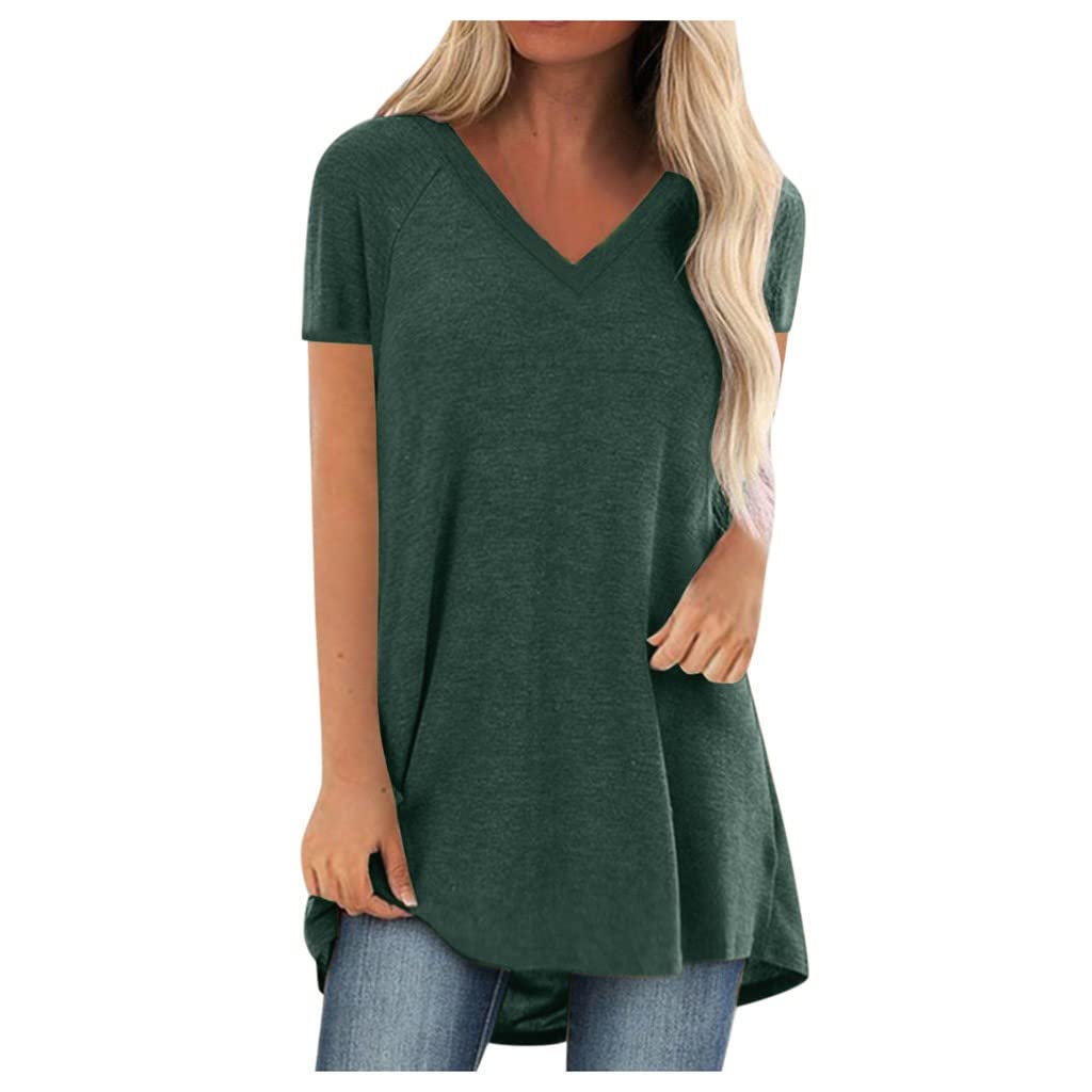 2022 Women's Summer V-Neck Short Sleeve T-Shirts - Casual Solid Blouse Tee, Loose Fit Trendy Tunic Tops for Beach, Travel & Everyday Wear