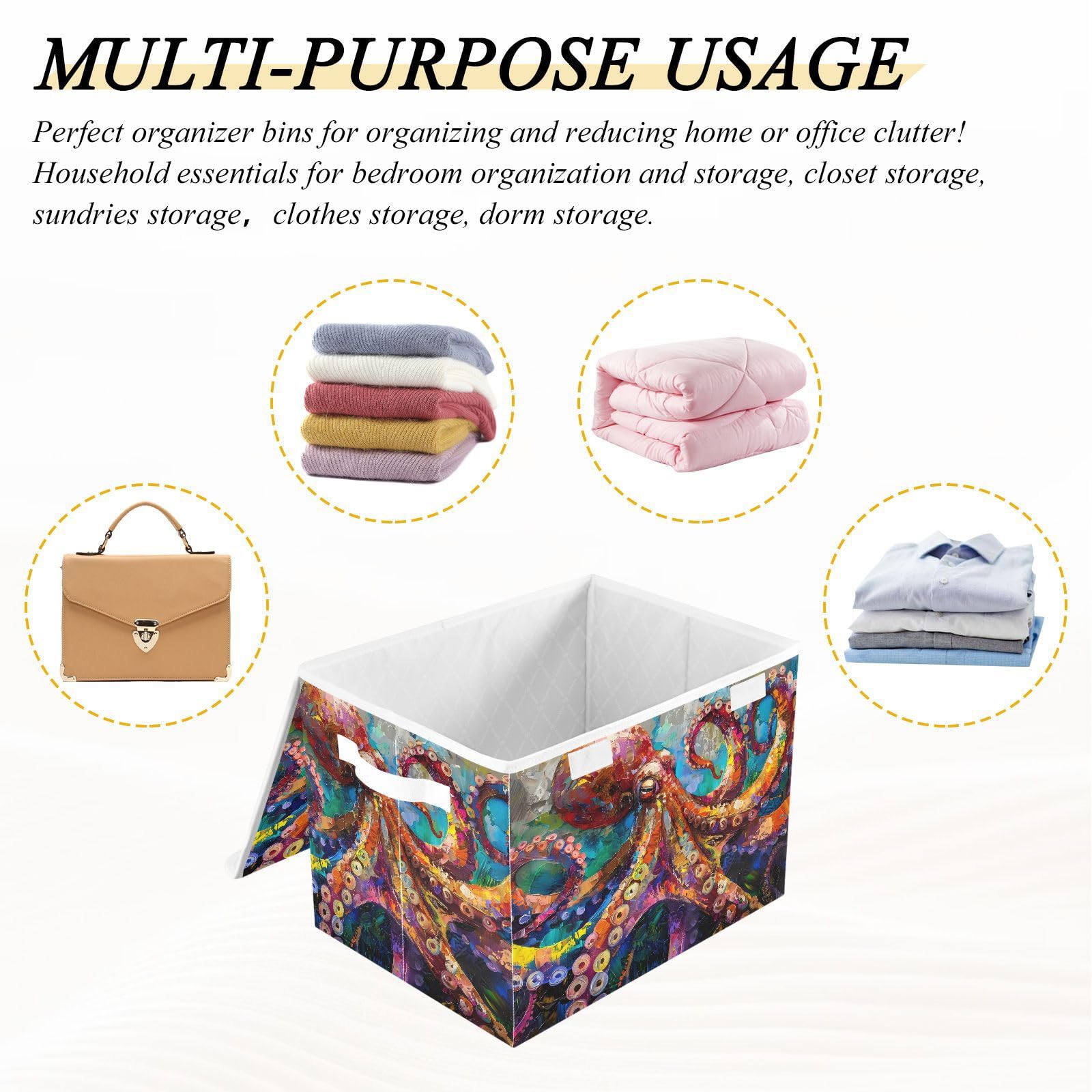 Colorful Marine Animal Collapsible Fabric Storage Bins with Lids & Handles - 16.5×12.6×11.8 Inch Foldable Storage Cubes for Bedroom, Closet, Office & Kids' Room Organization