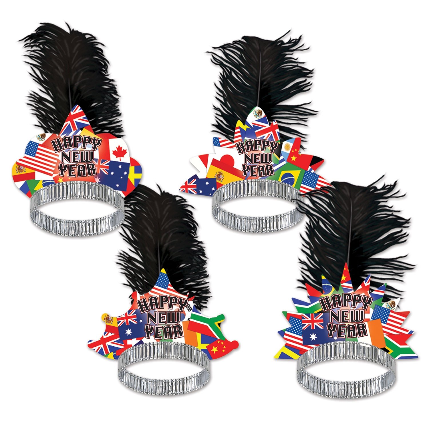 Beistle 50-Person International Tiaras - Multicolor World Flag & Happy New Year Design with Feathers | NYE Party Favors & Celebration Accessories for New Year's Eve, Birthday Parties & Festive Events