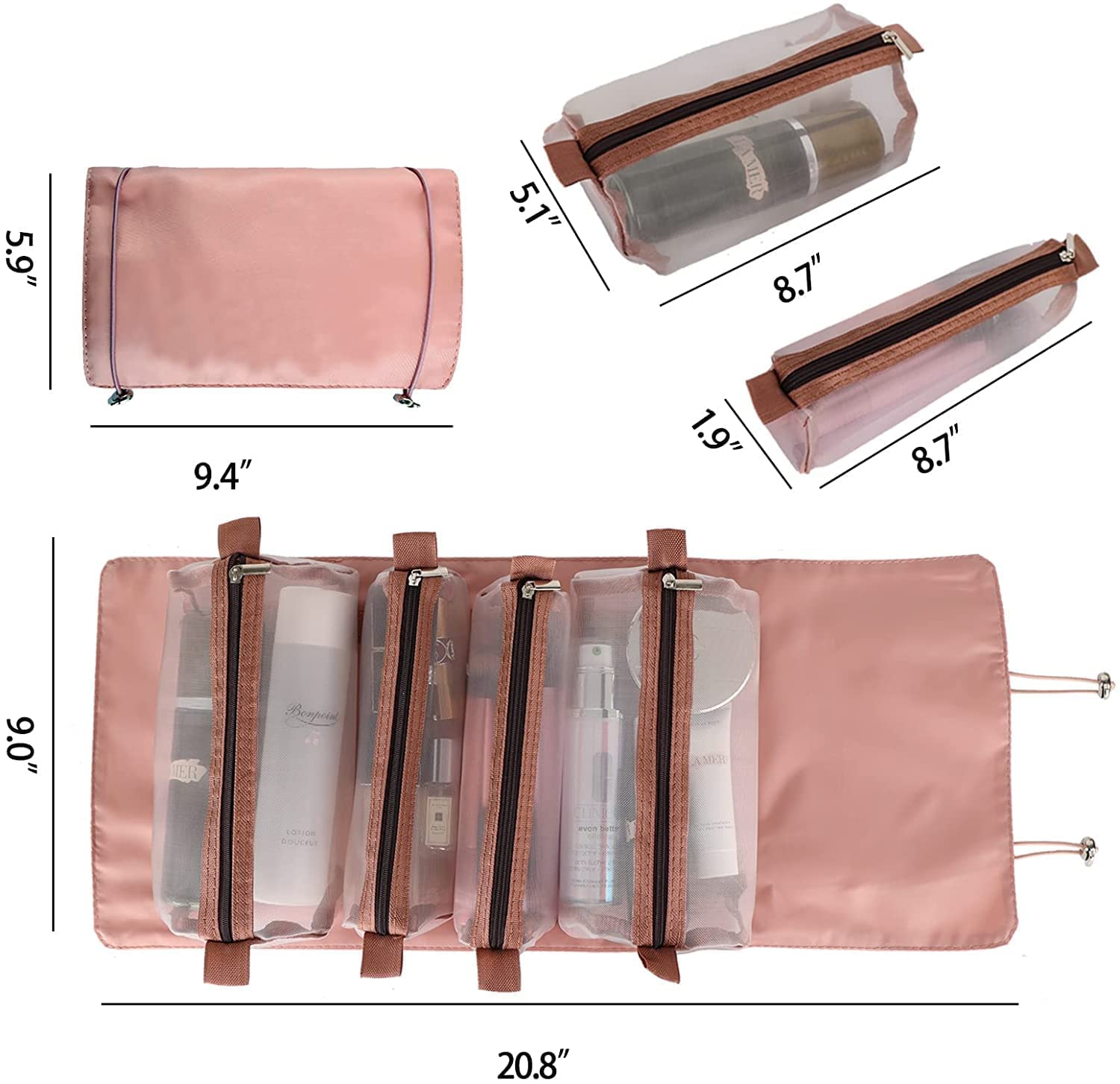 INKULTURE 4-in-1 Detachable Makeup Organizer Bag - Waterproof Polyester Travel Cosmetic Case for Women, Pink Toiletry Pouch with Multiple Compartments | Perfect for Travel, Gym, Daily Use & Gift Giving