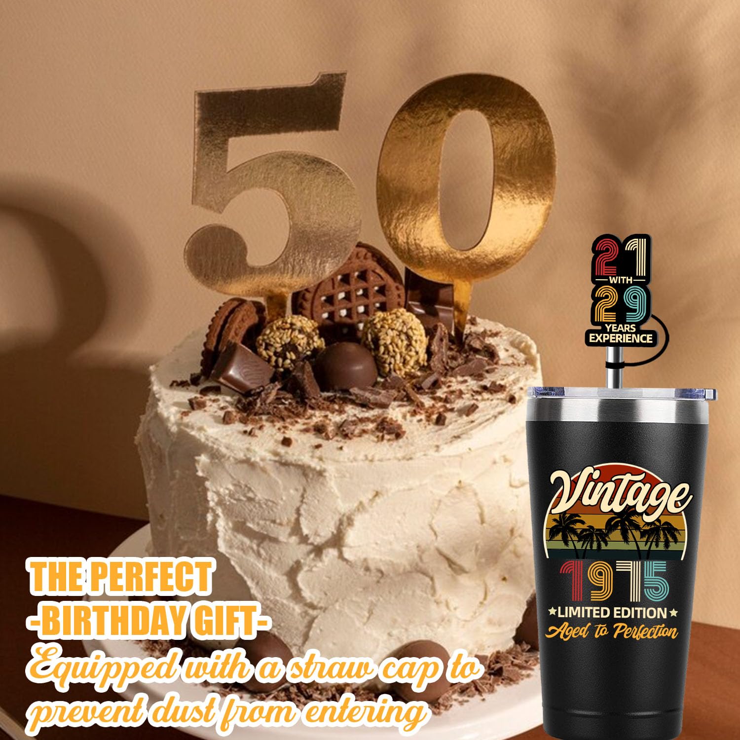 Vintage 50th Birthday Thermos Cup - 20oz Funny 1975 Themed Gift for Men & Women with Brush Straw & Cap - Perfect for Anniversary, Retirement Party & Milestone Celebration Gifts