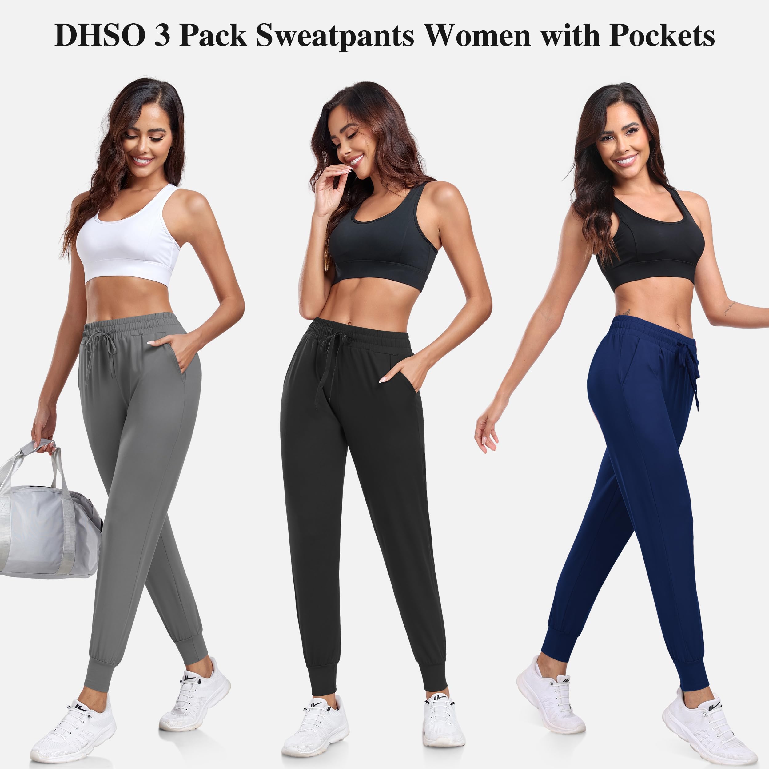 DHSO 3 Pack Women's Sweatpants with Pockets - Soft Joggers & Athletic Leggings for Workout, Yoga, Running | Comfortable Casual Pants for Lounge, Gym & Outdoor Activities