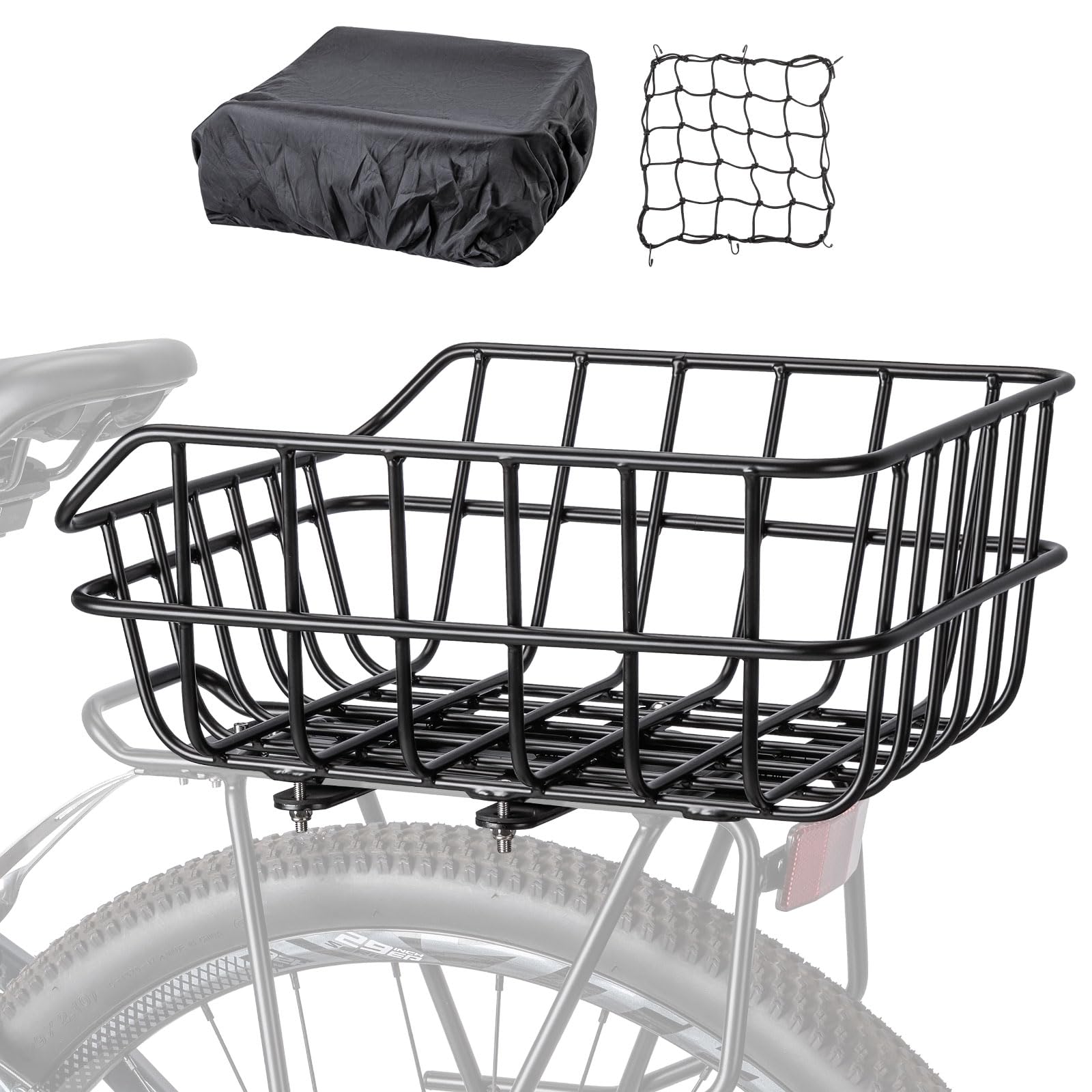 CXWXC Rear Bike Basket - Large Capacity Aluminum Bicycle Rear Cargo Basket with Waterproof Cover & Cargo Net - Rear Mount Bike Basket for Commuting, Grocery Shopping & Outdoor Adventures