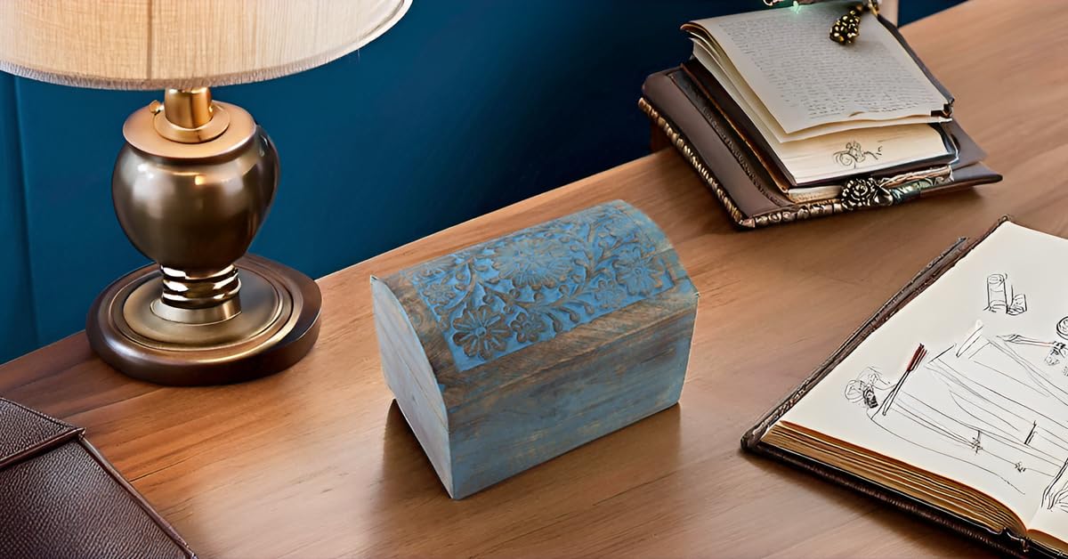 Handmade Wooden Jewelry Box with Lock - 9x6 Inch Blue Decorative Treasure Chest for Rings, Necklaces & Watches | Perfect Birthday Gift, Jewelry Organizer & Keepsake Box for Women - Home Decor, Wedding Gift & Travel Storage
